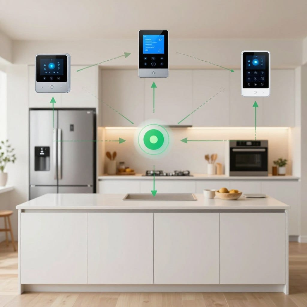 A detailed smart home integration ecosystem diagram showcasing the concept of smart kitchen cabinets seamlessly integrated into a whole-home network. In the foreground, illustrated smart cabinets with sleek, modern design, equipped with smart sensors and touch panels. The middle ground shows connected devices like smart refrigerators, ovens, and lighting systems, all linked by a central hub symbolizing home automation. In the background, faint outlines of a cozy kitchen environment with warm lighting that reflects a homely atmosphere. The diagram should feature a clean layout with arrows indicating communication paths between devices, emphasizing connectivity and functionality. Use a balanced color palette of soft whites, warm greys, and touches of green for a fresh, tech-savvy vibe. The overall mood should be efficient yet inviting, embodying a blend of technology and home comfort.