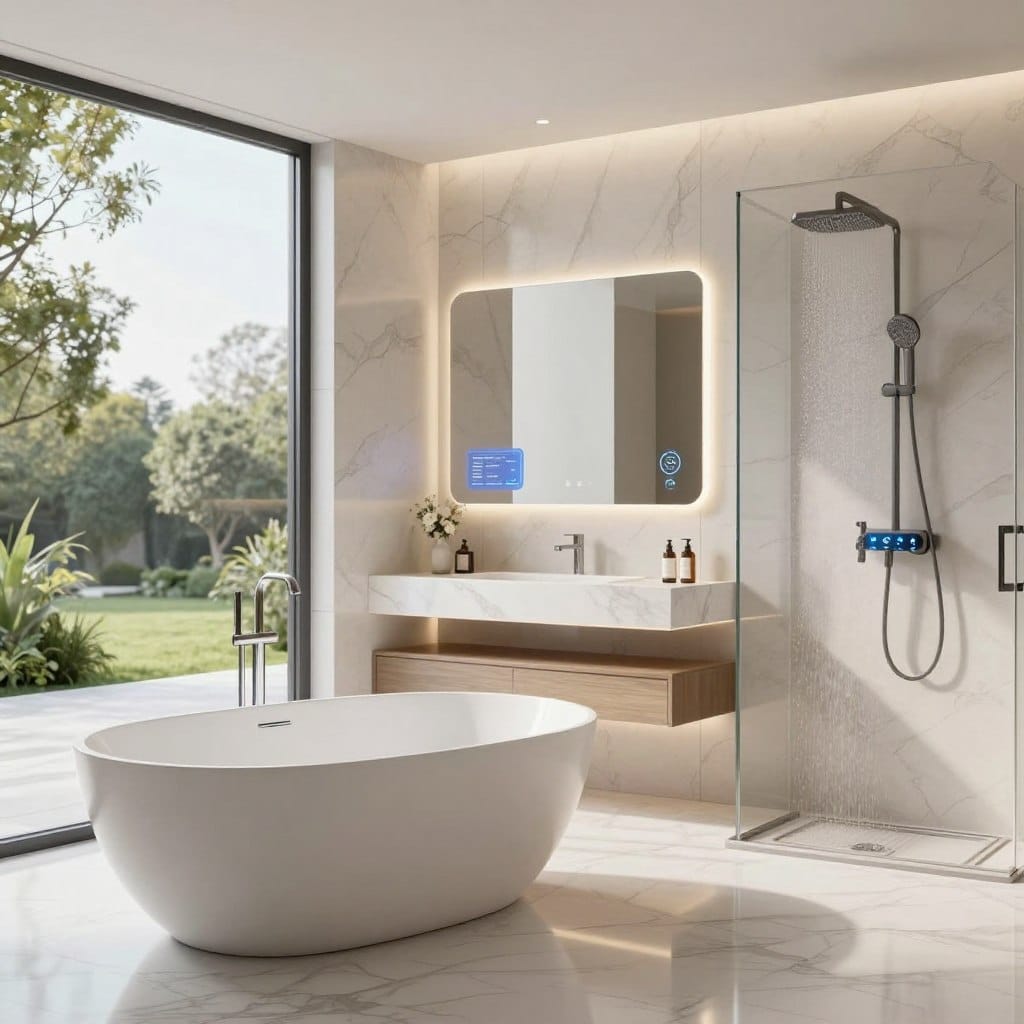 A high-tech luxury bathroom showcasing smart automation features. In the foreground, a sleek, modern freestanding bathtub with integrated touch controls sits elegantly on polished marble flooring. The middle section features a futuristic vanity with a digital mirror displaying customizable lighting options and health data. Advanced smart shower technology is visible, with a rain showerhead and LED-lit water controls. The background features large, floor-to-ceiling windows giving a view of a serene garden, while soft natural light floods the space, accentuating the high-end finishes. The atmosphere is tranquil and opulent, with an emphasis on cleanliness and modern sophistication, captured from a wide-angle perspective to encompass the expansive layout and luxurious materials used throughout the design.