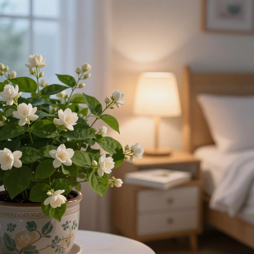 A lush jasmine plant in a decorative pot, overflowing with delicate white blossoms against a serene, softly illuminated bedroom setting. In the foreground, the jasmine's vibrant green leaves catch gentle morning light, emphasizing their healthy sheen. The middle of the image features a cozy bedside table adorned with a book and a softly glowing lamp that casts warm light, enhancing the tranquil atmosphere. In the background, a softly blurred window reveals a hint of twilight, further promoting a calming mood. The scene should evoke feelings of peace and relaxation, perfect for illustrating the soothing qualities of jasmine for better sleep. The overall composition should maintain a soft focus, with a warm color palette to create an inviting and serene environment.