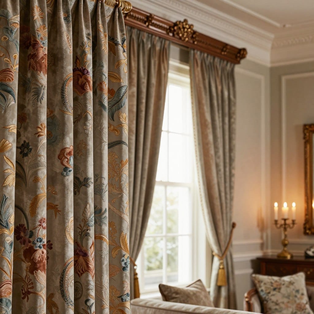 A luxurious and elegantly styled living room featuring exquisite window treatments. In the foreground, sumptuous fabrics like silk and velvet showcase intricate patterns and rich colors, draping elegantly from an ornate curtain rod. The middle ground reveals a beautifully crafted wooden window frame adorned with elegant cornices and detailed trim work, while a softly diffused candlelight illuminates the scene, creating a warm and inviting atmosphere. In the background, a tastefully decorated wall complements the window treatments, with soft neutral tones and subtle textures adding depth. Use a shallow depth of field to focus on the craftsmanship of the window decor accessories, capturing the details of the luxurious materials and expert craftsmanship. The mood is one of refined sophistication and comfort, ideal for an upscale living space.