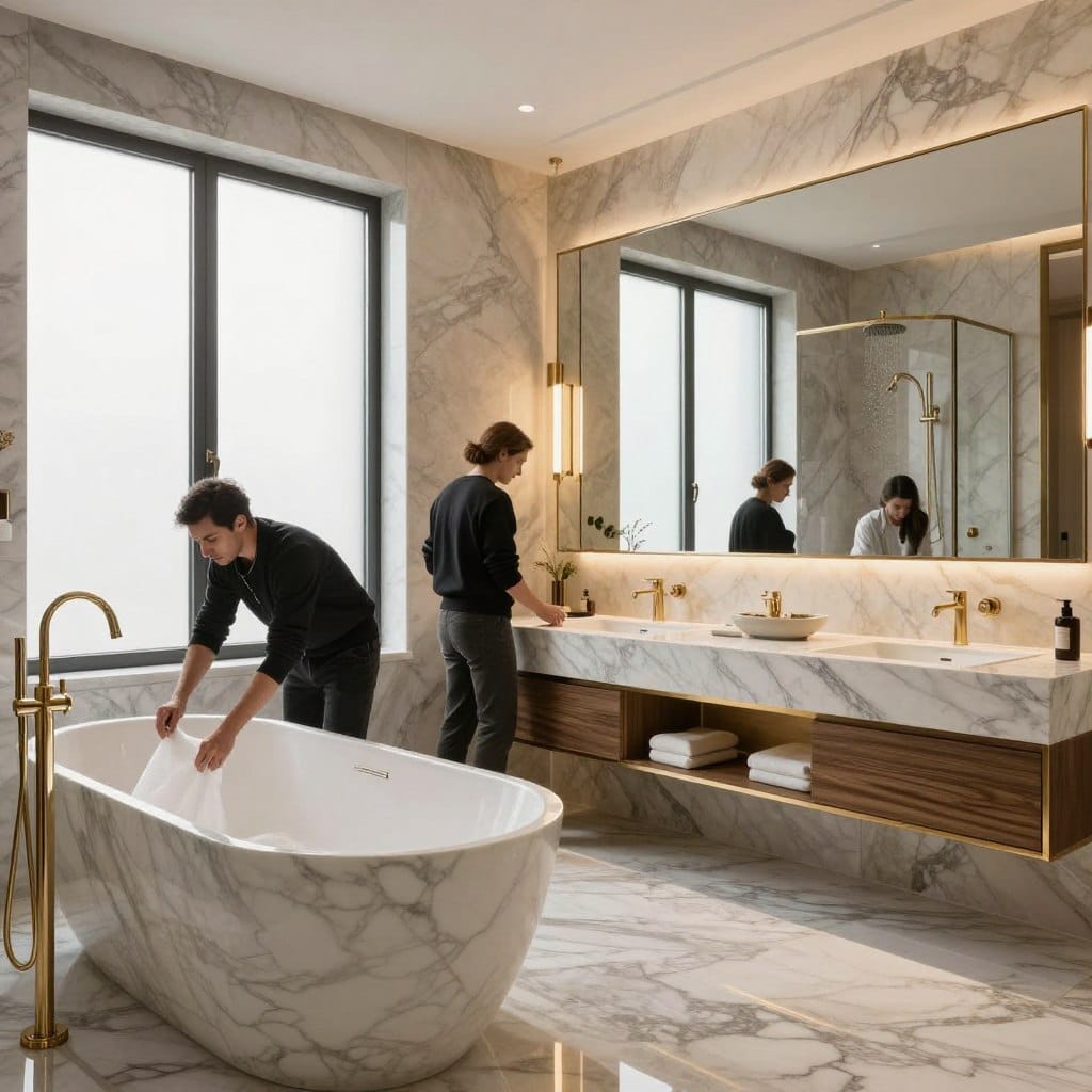 A luxurious bathroom design in progress, featuring elegant fixtures and materials. In the foreground, skilled professionals of various backgrounds, dressed in smart casual attire, carefully install a stylish marble bathtub and modern sink. The middle ground showcases an exquisite vanity area, with brushed gold accents and ambient lighting. Soft natural light filters in through large frosted windows, illuminating the space and highlighting the textures of high-end materials like polished stone and sleek wood. In the background, a stunning shower area with rain shower head and glass enclosure adds to the opulence. The overall atmosphere is one of sophistication and tranquility, inviting viewers to imagine the serenity of a luxury retreat. Commanding angles emphasize the space and deliberate craftsmanship without any text or distractions.