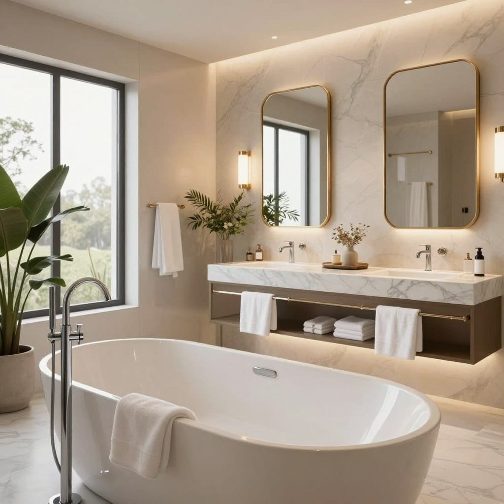 A luxurious bathroom sanctuary featuring elegant fixtures that evoke a spa-like atmosphere. In the foreground, showcase a freestanding soaking tub with sleek lines and a polished chrome faucet, surrounded by soft, fluffy towels and natural decor elements such as potted plants. The middle ground displays a stylish double vanity with exquisite marble countertops, under soft, ambient lighting that creates a warm and inviting glow. Include stylish mirrors framed in gold, reflecting the serene environment. In the background, large windows allow natural light to filter in, highlighting a peaceful view of nature. Incorporate soft, neutral tones throughout the space, enhancing a sense of tranquility and luxury. Capture the scene with a wide-angle lens at a slightly elevated angle to convey the spaciousness and elegance of this retreat.