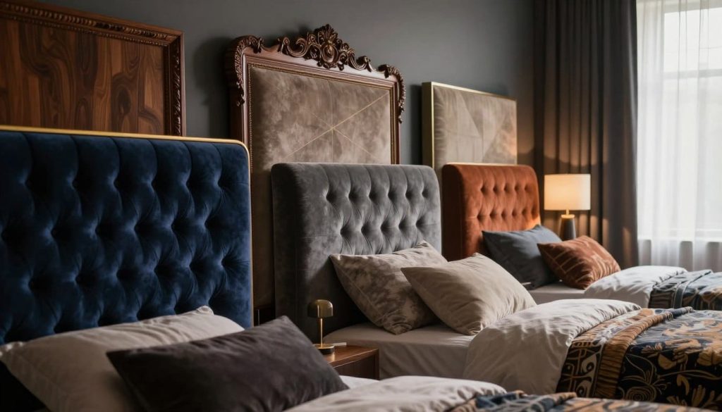 A luxurious bedroom featuring an array of statement headboard designs, each showcasing unique styles such as tufted velvet, intricate wood carvings, and modern geometric shapes. In the foreground, focus on a plush tufted headboard in deep navy, adorned with gold accents, alongside a sleek wooden headboard with artistic detailing. The middle ground reveals a mix of upholstered options with rich textures and bold patterns. The background softly fades into a warm, ambient light filtering through sheer curtains, casting a gentle glow that enhances the sophisticated and moody aesthetic. The angle captures the inviting atmosphere of the room, emphasizing depth and coziness. Overall, the scene conveys a refined elegance perfect for creating a dramatic bedroom focal point.