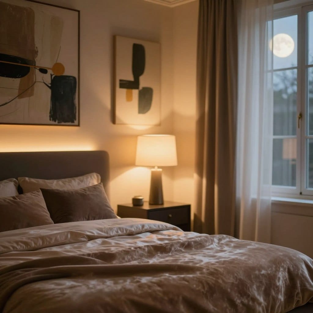 A luxurious bedroom scene showcasing accent lighting that highlights artistic elements and textures. In the foreground, a plush velvet bed adorned with softly draped satin throws. The middle ground features abstract art pieces on the walls, illuminated with warm LED lights to enhance their colors and textures. A stylish bedside table with a modern lamp casting a gentle glow creates an inviting ambiance. The background reveals a soft-focus window with sheer curtains, allowing for ambient moonlight to blend with the accent lighting, adding depth. Use a warm color palette to evoke a romantic and moody atmosphere. Capture the scene using a shallow depth of field, giving emphasis to the expertly placed lighting while keeping the overall softness and elegance intact.