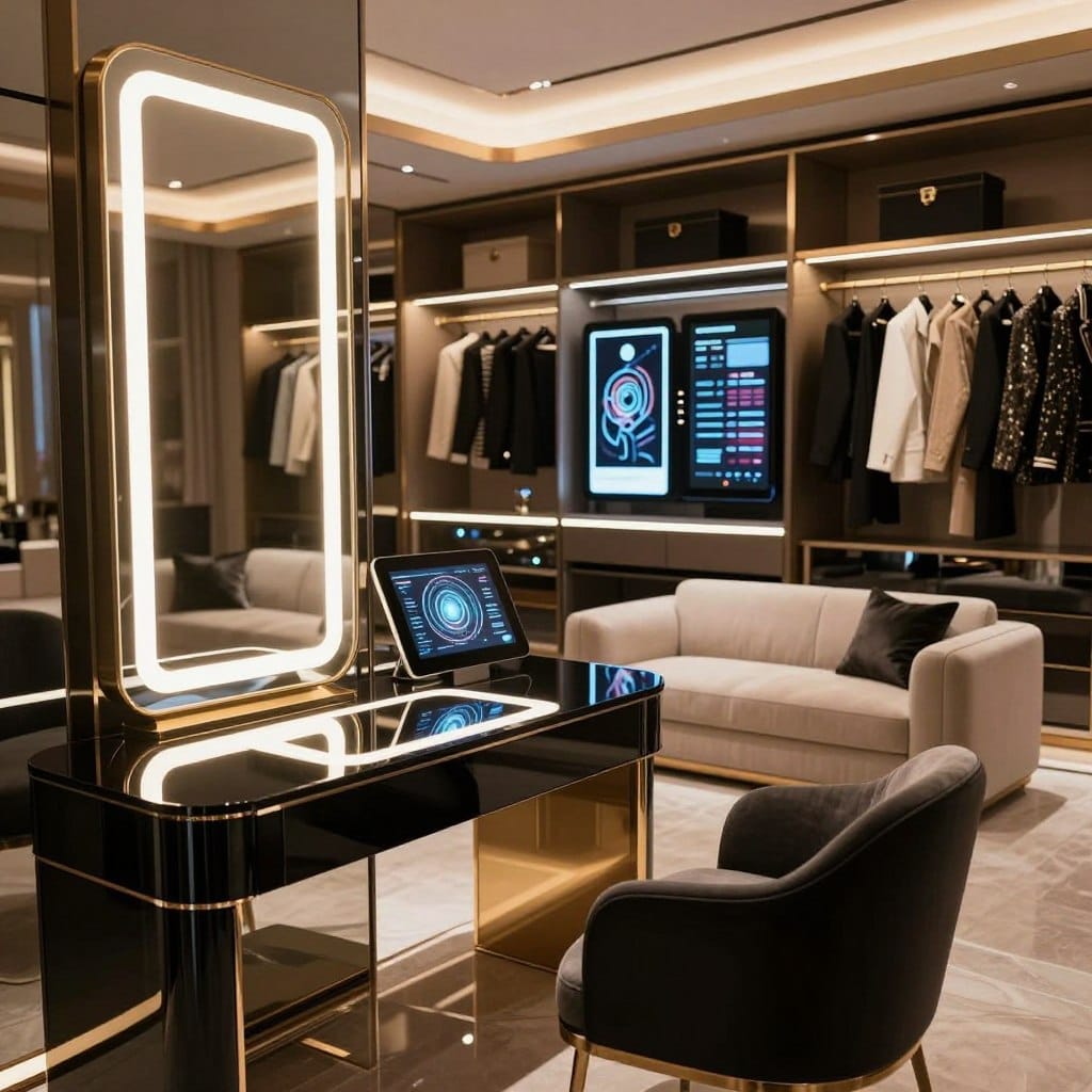 A luxurious high-tech glamour dressing room, showcasing futuristic opulence. The foreground features sleek, modern furniture with a glossy black and gold color scheme. A high-definition touchscreen mirror with integrated lighting casts a warm glow. The middle ground includes an elegant vanity with advanced LED lights and holographic displays, paired with plush seating in a minimalist style. The background displays an open wardrobe filled with fashionable clothing, enhanced by smart storage solutions. Soft, ambient lighting creates a serene atmosphere, while the use of reflective surfaces amplifies the sense of space. Capture the image from a slightly elevated angle to convey depth and sophistication, emphasizing the blend of technology and luxury. A luxurious high-tech glamour dressing room, showcasing futuristic opulence. The foreground features sleek, modern furniture with a glossy black and gold color scheme. A high-definition touchscreen mirror with integrated lighting casts a warm glow. The middle ground includes an elegant vanity with advanced LED lights and holographic displays, paired with plush seating in a minimalist style. The background displays an open wardrobe filled with fashionable clothing, enhanced by smart storage solutions. Soft, ambient lighting creates a serene atmosphere, while the use of reflective surfaces amplifies the sense of space. Capture the image from a slightly elevated angle to convey depth and sophistication, emphasizing the blend of technology and luxury.