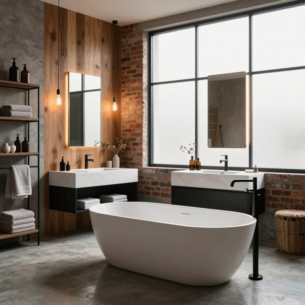 A luxurious industrial chic bathroom featuring a blend of modern and rustic elements. In the foreground, an elegant freestanding bathtub with minimalist design, surrounded by polished concrete flooring and a stylish wooden accent wall. The middle section includes a spacious double vanity with sleek black fixtures and stylish, backlit mirrors. Soft, warm lighting from hanging Edison bulbs enhances the inviting atmosphere. The background showcases large, frosted windows that allow natural light to flood the space, revealing exposed brick walls and industrial-style shelving with plush towels and artisanal décor. The overall mood is sophisticated yet relaxed, ideal for a personal retreat, with a focus on clean lines and harmonious textures.
