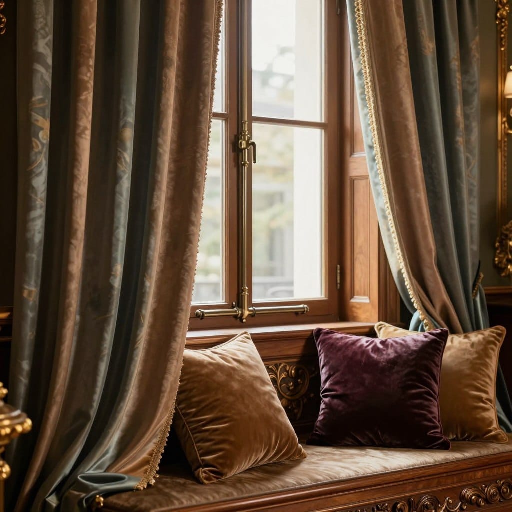 A luxurious interior setting showcasing premium window decor materials. In the foreground, sumptuous silk curtains in rich jewel tones cascade elegantly, their fabric catching soft light. Beside them, lush velvet cushions in deep hues rest against a wooden window seat, accentuated by intricate wood carvings. In the middle ground, stylish metal curtain rods add a contemporary touch, gleaming softly under warm ambient lighting. The background features a beautifully detailed window framed by ornate wood, allowing natural light to spill into the room. The atmosphere is inviting yet sophisticated, with a cozy elegance that embodies luxury. Shot with a warm soft focus, highlighting textures and layers.