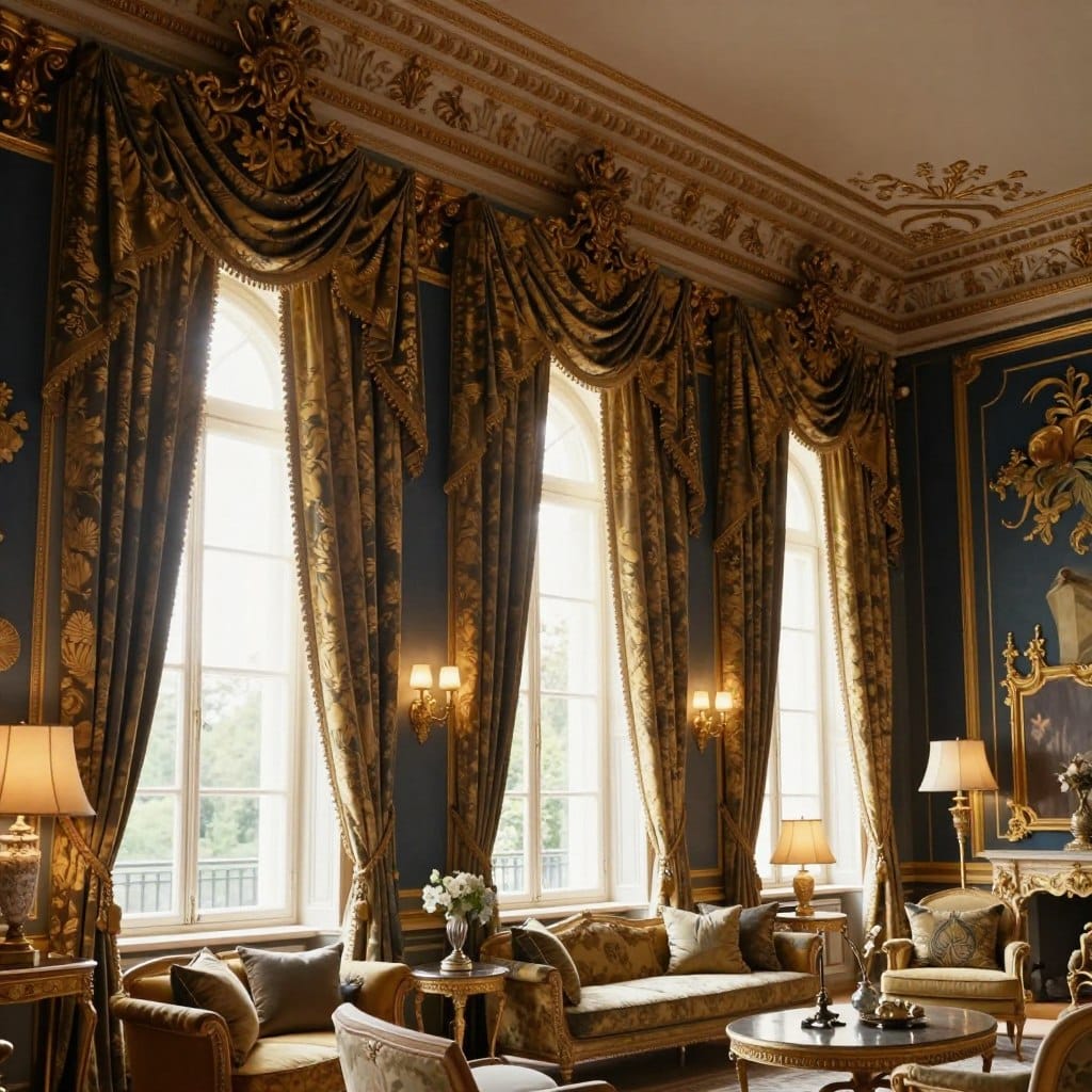 A luxurious interior showcasing elegant architectural valances and cornices adorning tall, arched windows. In the foreground, intricately designed valances in rich fabrics, featuring gold brocade patterns, elegantly cascade, while decorative cornices with floral motifs enhance the architectural beauty. The middle ground reveals a stylish living space, with plush furniture and tasteful decor harmonizing with the window treatments. Natural light pours in through the windows, creating a warm and inviting atmosphere, illuminated by soft lamp lighting. The background displays opulent wall art and a rich color palette of deep blues and golds, evoking a sense of sophistication. Capture this scene from a slightly angled perspective to emphasize the grandeur of the space and the exquisite details of the valances, with a focus on clarity and depth.