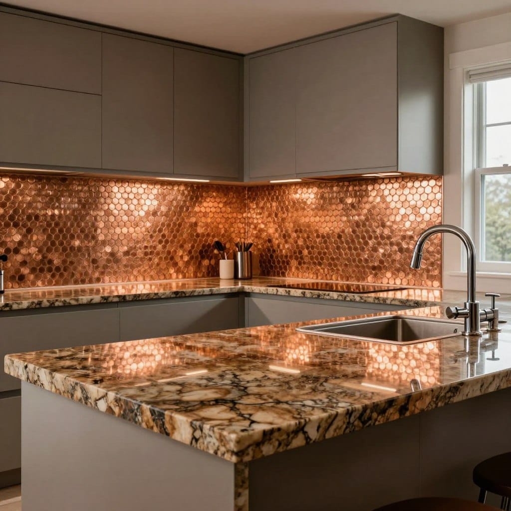 A luxurious kitchen featuring Baltic brown granite countertops, rich with deep, earthy tones and subtle veining. The striking copper penny backsplash shines brilliantly, reflecting warm hues that create a harmonious contrast with the granite. The foreground highlights the smooth, polished surface of the granite, while the backsplash showcases individual copper pennies arranged in an eye-catching mosaic pattern. Soft, ambient lighting casts gentle shadows, enhancing the textures of both the countertop and backsplash. A modern faucet gleams in chrome, adding a touch of elegance. The background consists of sleek cabinetry in a complementary finish, and a stylish window lets in natural light, further illuminating the stunning design. The overall atmosphere is one of warmth, sophistication, and contemporary luxury, ideal for a high-end culinary space.