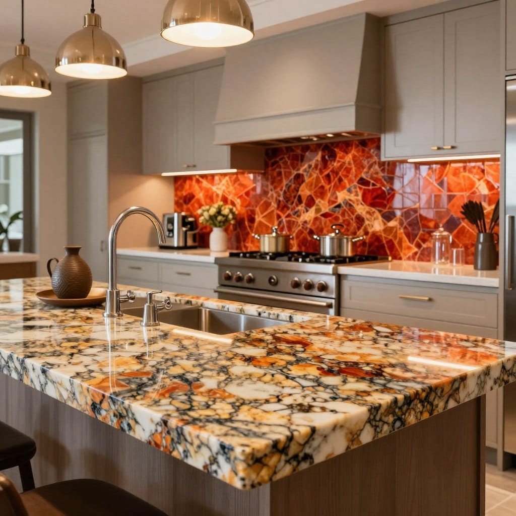 A luxurious kitchen scene showcasing a stunning granite countertop with intricate patterns and a vibrant bold backsplash. In the foreground, highlight the rich textures of the granite, with close-up details of the stone's natural brilliance, complemented by stylish, sustainable kitchenware. In the middle, a sleek island is adorned with modern, chrome fixtures and elegant lighting that casts soft, inviting shadows. The background features tastefully arranged cabinetry, emphasizing elegance and sophistication. The lighting is warm and bright, creating an inviting atmosphere. The angle should capture a wide view of the kitchen, showcasing the harmony between the countertop and backsplash, conveying a sense of luxury and high-end design. The image should evoke feelings of aspiration and inspiration for homeowners looking to enhance their kitchen spaces.