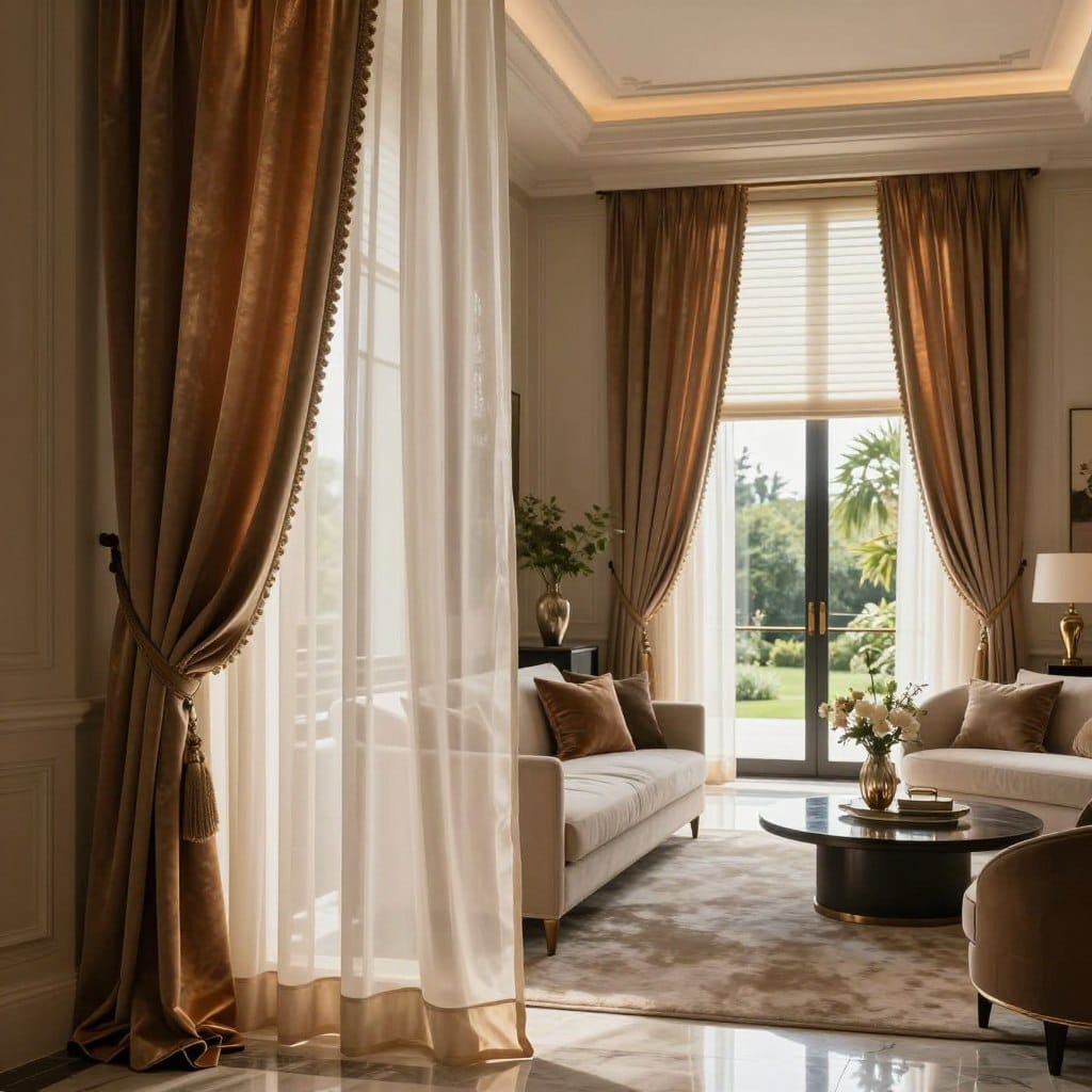 A luxurious living room interior featuring high-end window shades and blinds, showcasing precision light control. In the foreground, elegantly designed window treatments made of sheer, rich fabrics drape gracefully, allowing soft light to filter through while providing intimacy. In the middle ground, plush sofas and stylish décor create a sophisticated ambiance, complemented by refined color palettes and luxurious textures. The background highlights a modern, expansive window that frames a scenic outdoor view, filled with lush greenery, enhancing the tranquility of the space. The scene is softly illuminated by warm, natural light, capturing the essence of comfort and elegance. The angle is inviting, focusing on the exquisite details of the window coverings while maintaining a bright and airy atmosphere.