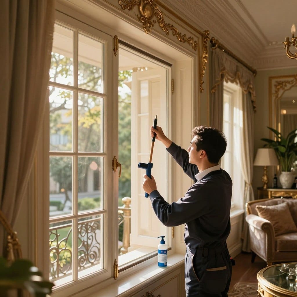A luxurious living space showcasing an elegant window maintenance and preservation scene. In the foreground, a professional maintenance technician dressed in smart business attire carefully inspects an ornate window, using high-quality tools and products. The middle layer features beautifully crafted window frames adorned with intricate moldings, sparkling clean glass reflecting soft, natural sunlight. The background reveals a tastefully decorated interior with sophisticated décor, plush furnishings, and greenery, enhancing the luxurious atmosphere. The scene is illuminated by warm, golden light streaming through the windows, creating a serene and inviting ambiance. The perspective is a slightly elevated angle, emphasizing both the intricate details of the window and the overall elegance of the living space. The mood is polished and tranquil, highlighting the importance of care in maintaining luxury decor.