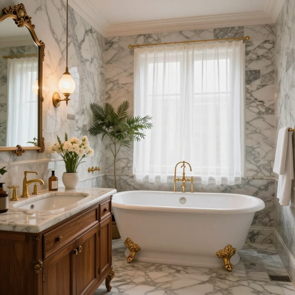 A luxurious master bathroom featuring exquisite marble finishes and vintage elements, with a freestanding clawfoot bathtub taking center stage. The foreground showcases elegant gold fixtures and a vintage-style mirror above a double sink, reflecting soft, ambient light. In the middle, intricate marble tiles create a beautiful contrast against warm wooden cabinetry, while delicate potted plants add a touch of greenery. The background reveals a spacious window with sheer white curtains, allowing natural light to filter in, enhancing the serene atmosphere. The scene is illuminated by elegant pendant lighting, casting a gentle glow over the rich textures. Capture this tranquil retreat, focusing on classic elegance and timeless luxury, evoking a mood of relaxation and sophistication.