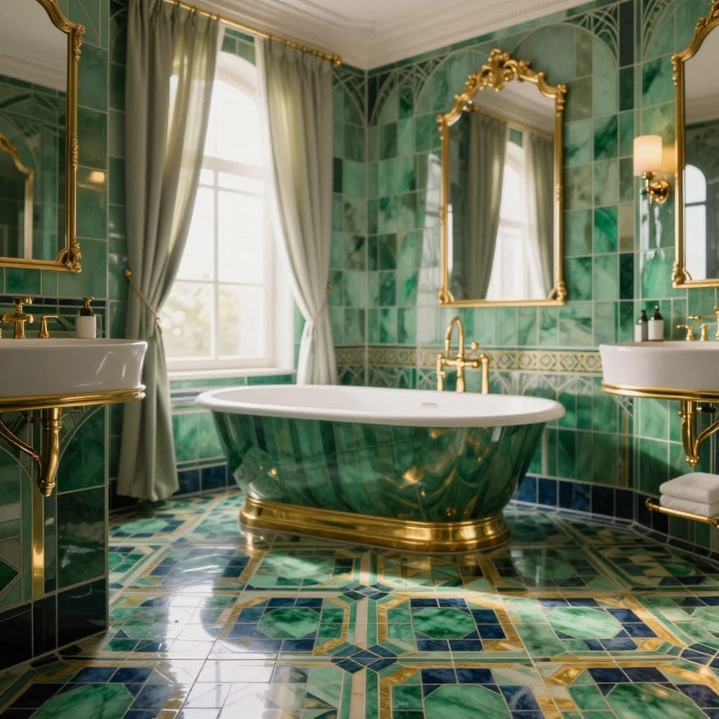 A luxurious master bathroom featuring stunning art deco geometric tiles in a rich palette of emerald green, gold, and deep navy. The foreground showcases intricate tile patterns laid meticulously on the floor and walls, with exclusive bathroom finishes such as a sleek, golden-finished faucet and an elegantly framed mirror. In the middle ground, a freestanding, sculptural bathtub with a gold-accented design is surrounded by soft, ambient lighting casting gentle reflections on the tiles. The background reveals a large window with sheer, flowing drapes, allowing natural light to flood the space and enhance the glamour. The atmosphere is serene and sophisticated, evoking a sense of timeless elegance, perfect for a luxurious retreat. Use a soft-focus lens to create a dreamy ambiance.