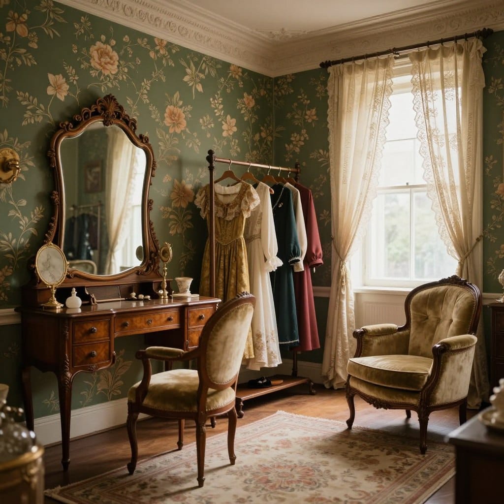 A luxurious vintage revival dressing room interior, featuring elegant antique furniture, such as a grand wooden vanity with a large ornate mirror and a plush velvet armchair. Soft, warm lighting creates a cozy atmosphere, illuminating delicate details like floral wallpaper and vintage accessories. In the middle ground, a stylish wooden clothing rack displays elegant garments in rich fabrics, complemented by a plush area rug. The background showcases high ceilings with intricate moldings and a large window draped with elegant lace curtains, allowing soft natural light to filter in. The scene captures a timeless elegance, embodying a rich color palette of deep greens, golds, and creams, inviting a sense of nostalgia and sophistication. The focus is sharp, with a shallow depth of field emphasizing the luxurious details. A luxurious vintage revival dressing room interior, featuring elegant antique furniture, such as a grand wooden vanity with a large ornate mirror and a plush velvet armchair. Soft, warm lighting creates a cozy atmosphere, illuminating delicate details like floral wallpaper and vintage accessories. In the middle ground, a stylish wooden clothing rack displays elegant garments in rich fabrics, complemented by a plush area rug. The background showcases high ceilings with intricate moldings and a large window draped with elegant lace curtains, allowing soft natural light to filter in. The scene captures a timeless elegance, embodying a rich color palette of deep greens, golds, and creams, inviting a sense of nostalgia and sophistication. The focus is sharp, with a shallow depth of field emphasizing the luxurious details.