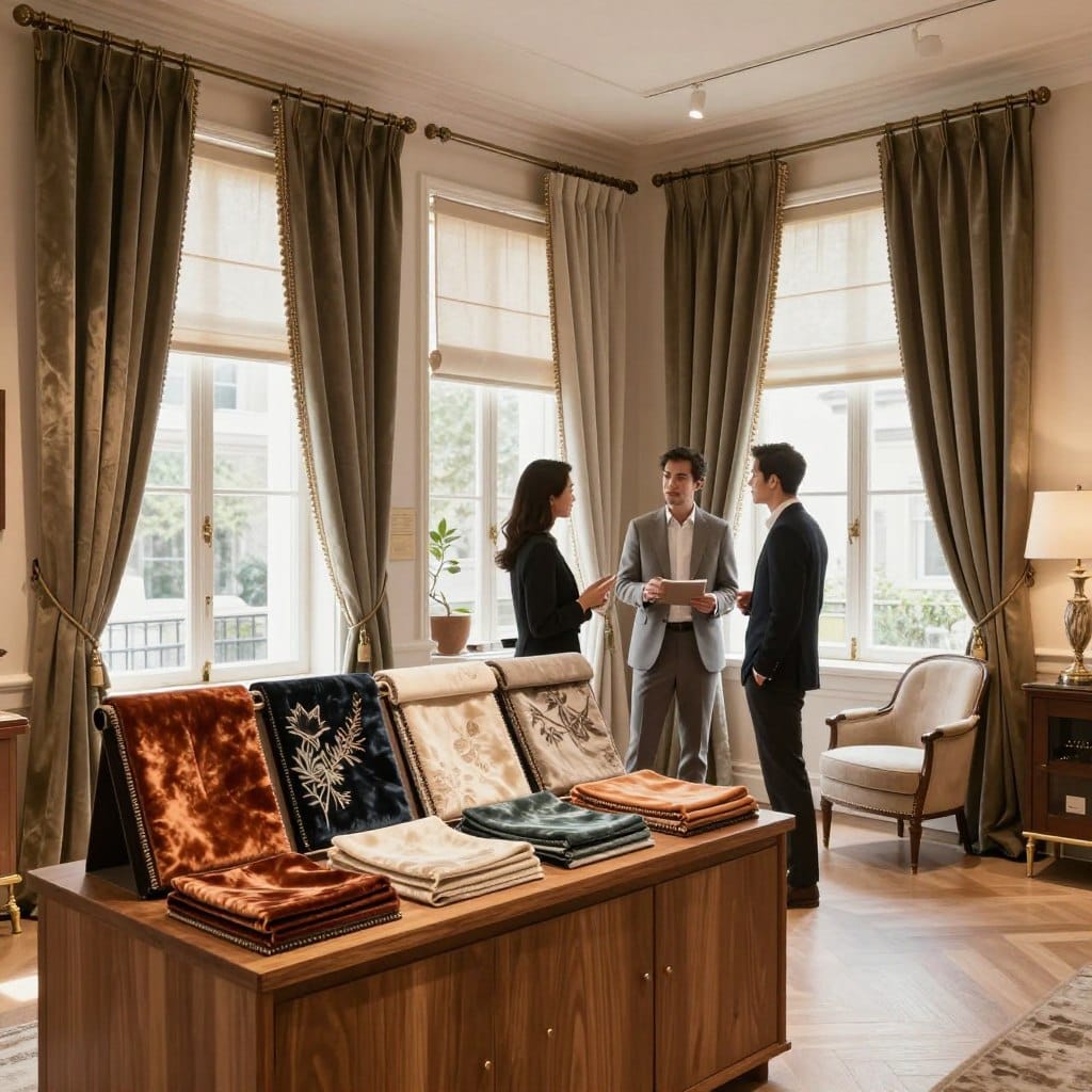 A luxurious window treatments showroom, showcasing a variety of premium curtains and blinds. In the foreground, a stylish wooden display featuring elegant drapery samples in rich fabrics like silk and velvet, harmoniously arranged. In the middle ground, a well-dressed interior designer discussing options with a couple, all in professional attire, exuding a sophisticated atmosphere. The background reveals large windows with natural light streaming in, highlighting the textures of the materials and creating a warm, inviting ambiance. The scene is captured with a wide-angle lens to emphasize the spaciousness, and soft, diffused lighting enhances the luxurious feel of the showroom. The overall mood conveys elegance, comfort, and the allure of high-end decorating choices.