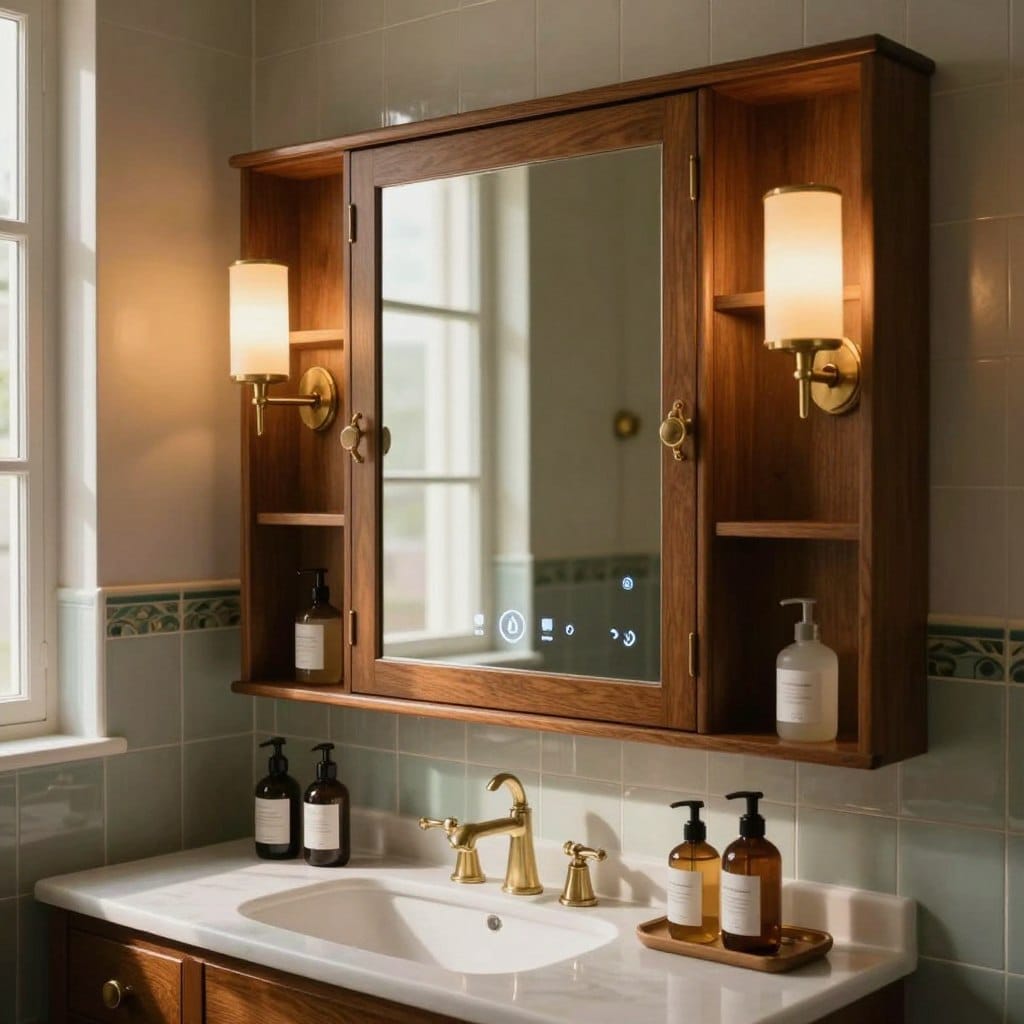 A mid-century bathroom showcasing a smart mirror seamlessly integrated with a vintage medicine cabinet. The mirror features touch controls and a digital display, reflecting soft ambient lighting from warm sconces on the walls. The cabinetry has a classic wooden finish, with brass hardware that complements the modern technology. In the foreground, a stylish countertop displays elegant toiletries, enhancing the blend of retro and contemporary styles. The background features retro tiles in muted colors, creating a harmonious atmosphere of nostalgia and innovation. The scene is illuminated with natural light streaming through a nearby window, casting gentle shadows. The mood is cozy and sophisticated, inviting viewers to envision a stylish yet functional space.
