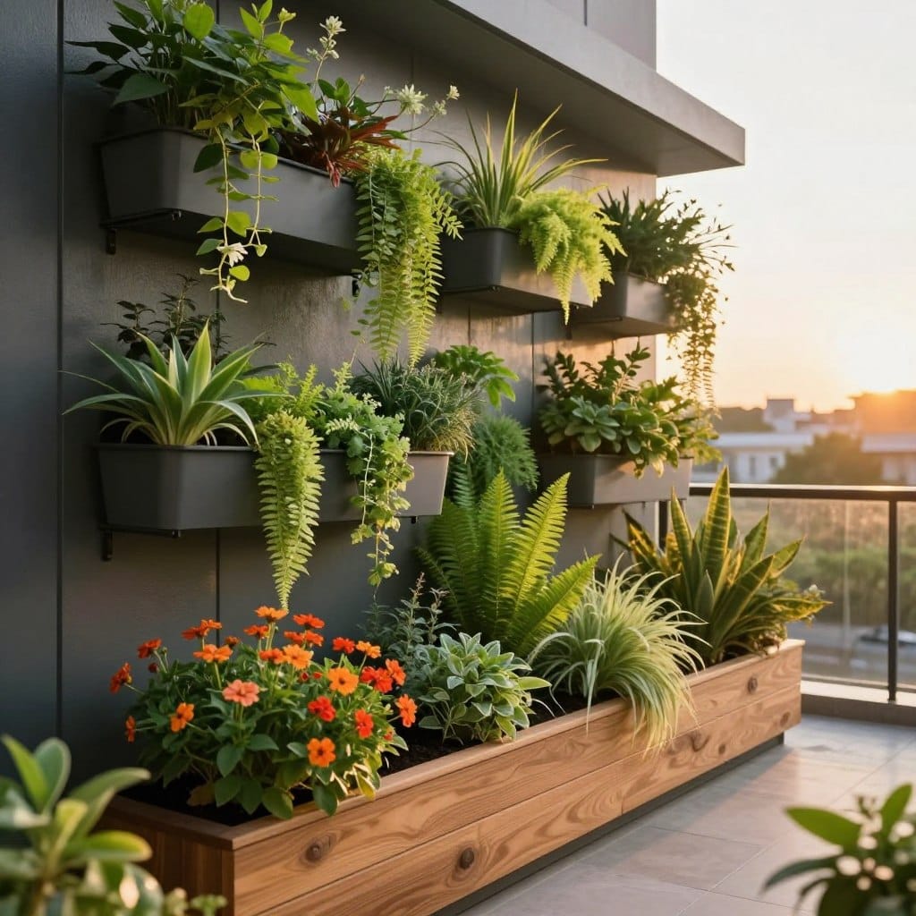 A modern balcony featuring a stunning vertical garden, with lush green plants cascading down a sleek, contemporary wall. In the foreground, a stylish wooden planter holds vibrant flowering plants, creating a pop of color. The middle ground showcases a series of mounted planters with a variety of herbs and ferns, arranged in an eye-catching pattern. In the background, a soft sunrise casts warm golden light, enhancing the greenery and creating gentle shadows. The scene is viewed from a slightly elevated angle, emphasizing the space-saving design. A serene and inviting atmosphere permeates the image, perfect for urban dwellers looking to incorporate greenery into limited spaces.