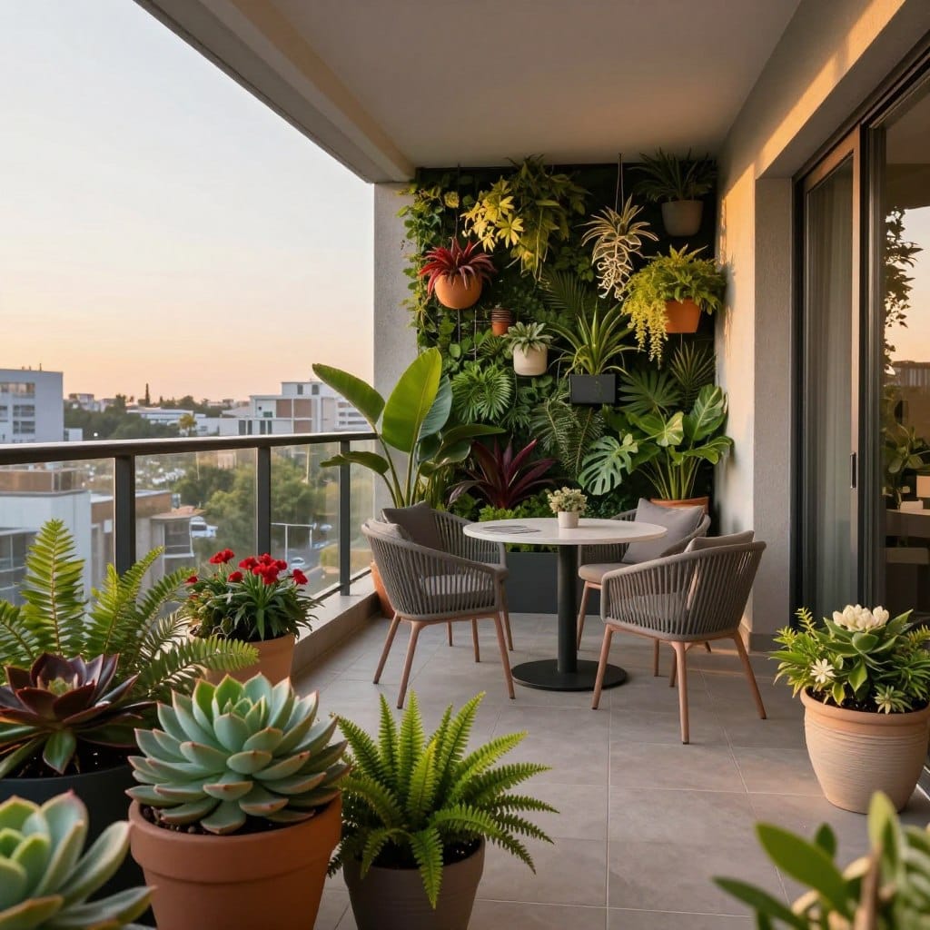 A modern balcony scene featuring an array of stylish plants and decor elements. In the foreground, vibrant potted plants including succulents, ferns, and flowering species create a lush feel. The middle ground showcases a sleek outdoor seating area with contemporary furniture, such as a bistro table and stylish chairs, thoughtfully arranged among the greenery. A vertical garden wall integrates beautifully into the design, displaying an assortment of hanging plants and wall-mounted planters. The background reveals a cityscape during golden hour, with soft, warm lighting casting a cozy glow. Use a wide-angle lens perspective to capture the full essence of this chic balcony setup, evoking a serene and inviting atmosphere perfect for relaxation.