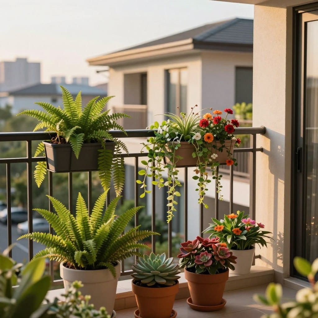 A modern balcony scene showcasing stylish plant decorations along the railing and boundary. In the foreground, vibrant potted plants, including ferns, succulents, and colorful flowers, create a lush environment. The middle section features an elegant metal railing adorned with hanging planters, spilling over with greenery and cascading vines. In the background, a soft-focus view of a contemporary townhouse adds depth, while urban skyline elements peek through. The lighting is warm and inviting, suggesting late afternoon sunlight that enhances the colors of the plants. A slight angle emphasizes the layering of the plants along the railing, capturing a cozy, urban oasis atmosphere perfect for relaxation and style.