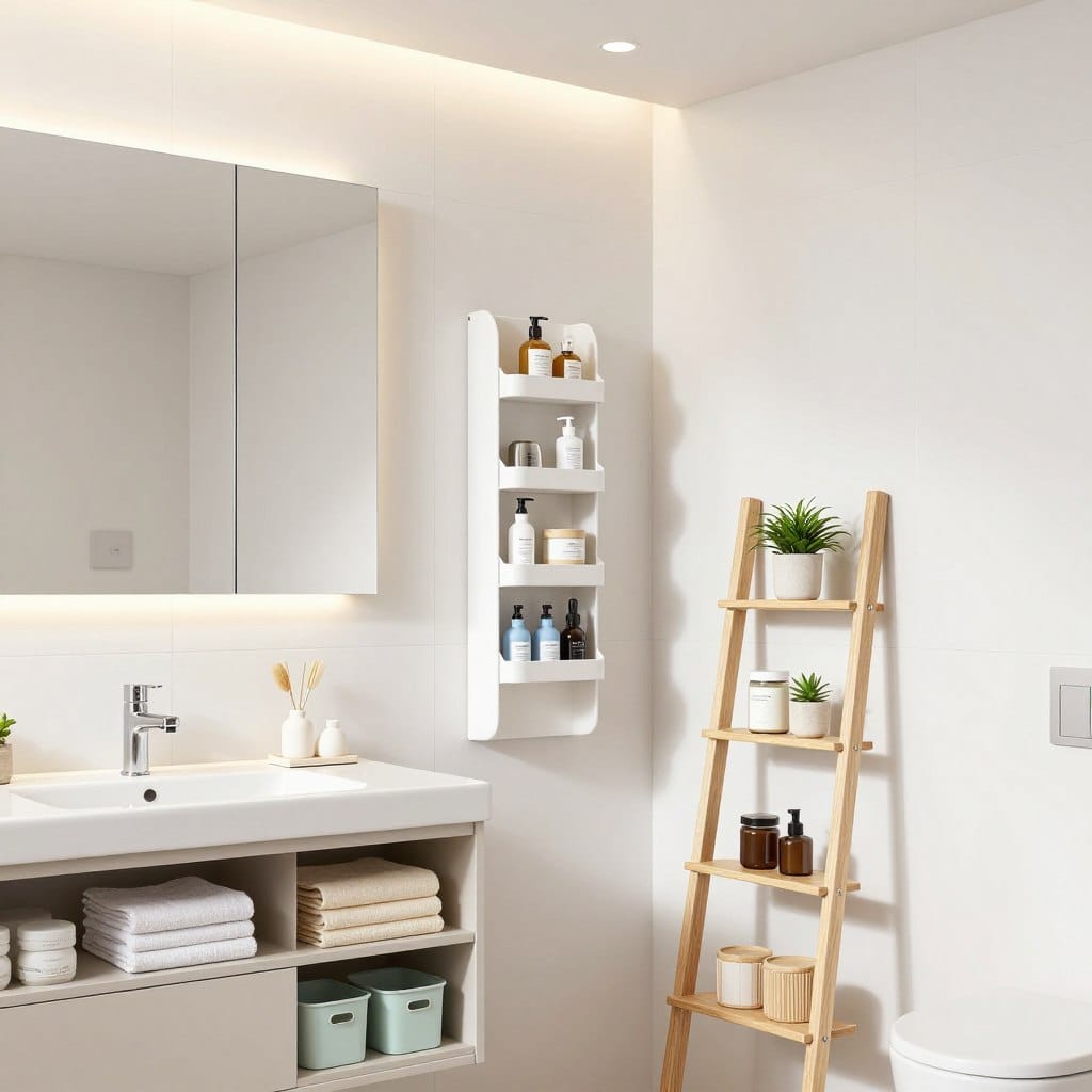 A modern bathroom featuring innovative space-saving storage solutions. In the foreground, sleek cabinetry with neatly organized shelves displays folded towels and small storage bins in pastel colors. In the middle, a stylish vertical organizer hangs on the wall, holding toiletries and bathroom essentials, maximizing the use of vertical space. A minimalist ladder shelf in a light wood finish adds natural warmth, adorned with small potted plants and decorative jars. In the background, large mirrors reflect the bright, clean white tile and soft, ambient lighting from recessed ceiling fixtures, creating an open and airy atmosphere. The overall mood is functional yet stylish, perfect for a small space makeover.