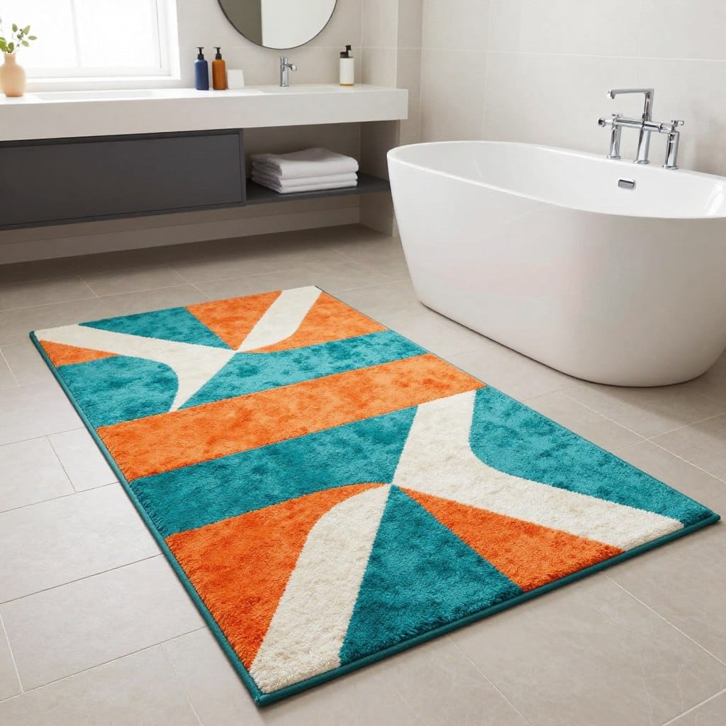 A modern bathroom scene featuring a vibrant, bold-patterned rug as the centerpiece. The rug should have geometric shapes in striking colors like teal, orange, and white, creating a lively contrast against a soft, neutral-toned tiled floor. In the foreground, showcase the rug lying neatly in front of a contemporary white bathtub with sleek chrome fixtures. In the middle, include a stylish vanity with a large round mirror, complemented by neatly arranged toiletries. The background should feature a bright window with natural light streaming in, enhancing the cheerful atmosphere. Use a wide-angle lens to capture the space, creating an inviting and stylish mood in a small bathroom setting.