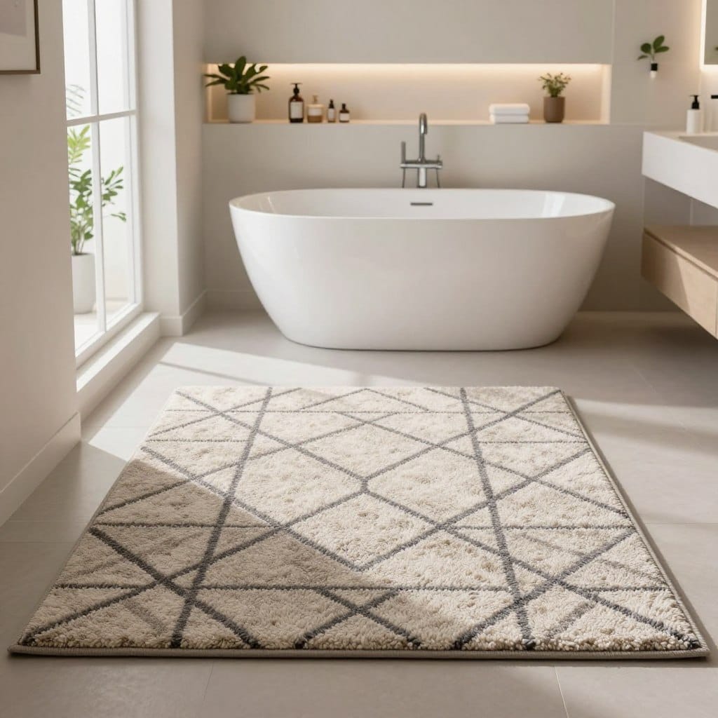 A modern bathroom setting showcasing stylish cut-to-fit rugs. In the foreground, feature a plush, customizable rug in an elegant geometric pattern, elegantly contoured to fit the space. The middle section includes a sleek bathtub and minimalist shelving with neatly arranged bathroom essentials. Soft, ambient lighting enhances the soothing atmosphere, with sunlight streaming through a window, casting gentle shadows. The walls are adorned with light, neutral tones, accented by green plants for a touch of nature. Use a wide-angle lens to capture the entire scene, emphasizing the functionality and aesthetics of the small space. Aim for a tranquil, contemporary mood, perfect for inspiring modern design choices in limited areas. The image should be devoid of any text or overlays.