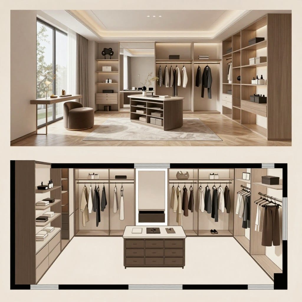 A modern dressing room layout diagram, showcasing an efficient and stylish design. The foreground features a detailed plan view, highlighting essential elements like shelving units, hanging rods, and a central island with storage. The middle layer displays a 3D perspective of the room, emphasizing natural light from large windows and soft, ambient lighting that creates a warm atmosphere. The background includes a serene, muted color palette with neutral tones and chic accents. Include reflections on polished surfaces to enhance luxury appeal. The overall mood should convey sophistication and organization, ideal for inspiring exceptional dressing room design ideas. No text or watermark present.