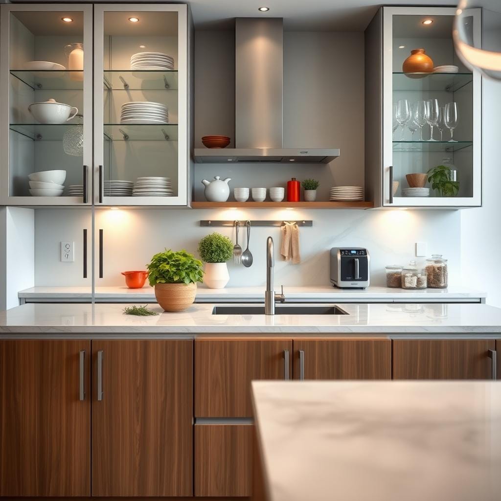 A modern glass-front cabinet display showcasing a sleek and stylish kitchen. In the foreground, the cabinet features clean lines and a minimalist design, with transparent glass doors revealing beautifully arranged dishes, glassware, and vibrant kitchen accessories. The middle layer includes a well-organized countertop made of polished white marble, adorned with fresh herbs and modern kitchen appliances. In the background, there are soft, warm lights illuminating the space, enhancing the inviting atmosphere. The mood is bright and airy, emphasizing functionality and elegance. The camera angle is slightly tilted, focusing on the cabinet while capturing the depth of the kitchen space.