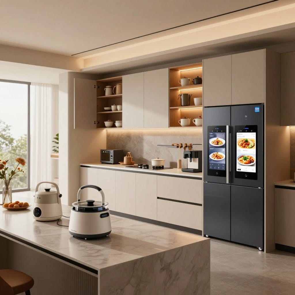 A modern high-tech kitchen featuring sleek smart cabinets with integrated touchscreens and modular storage solutions. In the foreground, showcase a polished countertop with futuristic kitchen gadgets and a smart refrigerator displaying recipes. In the middle, highlight smart cabinets with seamless designs, glowing LED strips, and open compartments filled with organized kitchenware. In the background, an open-plan layout with large windows allowing natural light to illuminate the space. The atmosphere should feel inviting and innovative, with a cozy yet advanced vibe. Use warm lighting to enhance the ambiance, and capture the scene from a slightly elevated angle to provide depth.