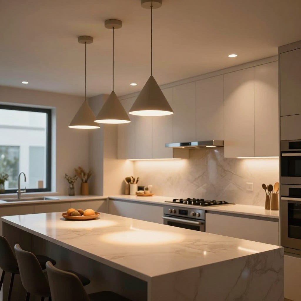 A modern kitchen featuring a sophisticated layered lighting design. In the foreground, sleek pendant lights with geometric shapes hang elegantly above a stylish island, casting warm pools of light on a polished countertop. The middle ground displays recessed ceiling lights in a soft glow, highlighting white cabinetry with subtle textures, and under-cabinet lighting illuminating chic backsplashes. In the background, large windows allow natural light to filter in, creating an inviting atmosphere. The overall mood is contemporary and cozy, ideal for family gatherings or entertaining guests. Use a wide-angle lens to capture the entire space, emphasizing the interplay of shadows and light reflections throughout the kitchen.