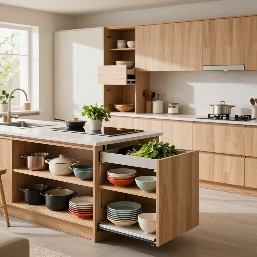 A modern kitchen featuring innovative storage solutions for a clutter-free living environment. In the foreground, sleek open shelving displays neatly organized cookware and colorful dishes. In the middle, a compact kitchen island with smart storage compartments, displaying fresh herbs and kitchen gadgets, creates a functional workspace. The background showcases elegant cabinetry with pull-out drawers and hidden storage, harmonizing minimalist design and practicality. Soft, natural lighting filters through a window, highlighting the warm wood tones and white accents throughout the space. A cozy atmosphere is achieved with subtle decorative plants. The image captures the essence of a well-organized, stylish kitchen, perfect for contemporary living.