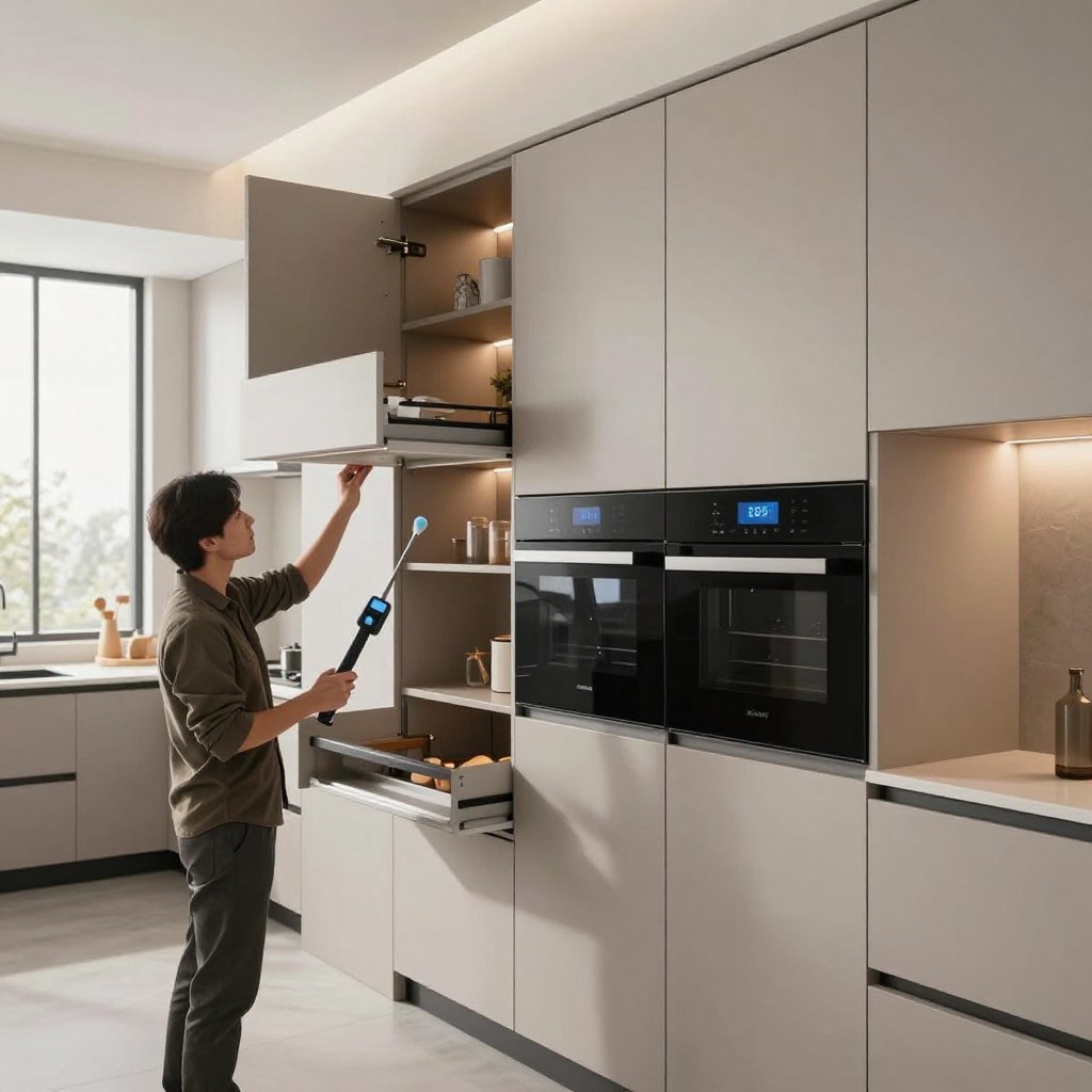 A modern kitchen featuring sleek, high-tech cabinetry with smart features such as touch-activated panels and integrated lighting. In the foreground, a person dressed in smart casual attire, carefully examining the cabinets and performing maintenance with a specialized cleaning tool. In the middle, the cabinets should display an array of innovative storage solutions, including pull-out shelves and built-in appliances seamlessly integrated into the cabinetry. The background reveals a contemporary kitchen with neutral colors, large windows allowing natural light to flood in, and subtle reflections on the cabinet surfaces. The mood is one of professionalism and careful attention to detail, emphasizing the importance of maintaining smart technology for longevity. The lighting is bright and inviting, enhancing the modern aesthetic, captured with a slightly elevated angle to showcase the cabinetry’s features.