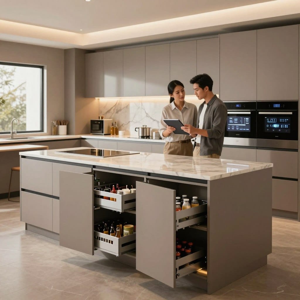 A modern kitchen featuring sleek, smart kitchen cabinets, designed with integrated technology such as touch-screen panels and automated features. In the foreground, highlight an elegant, open cabinet showcasing organized storage solutions, such as pull-out spice racks and hidden compartments for appliances. In the middle, display a sophisticated kitchen workspace with a marble countertop, where a professional in smart casual attire examines a tablet, evaluating cabinet features. The background features a spacious kitchen layout with ambient lighting reflecting off high-end finishes, including stainless steel appliances and a stylish backsplash. Use warm, inviting colors to convey a sense of luxury and practicality, emphasizing the investment value of innovative cabinetry. Capture the scene from a slightly elevated angle to showcase depth and modern design aesthetics.