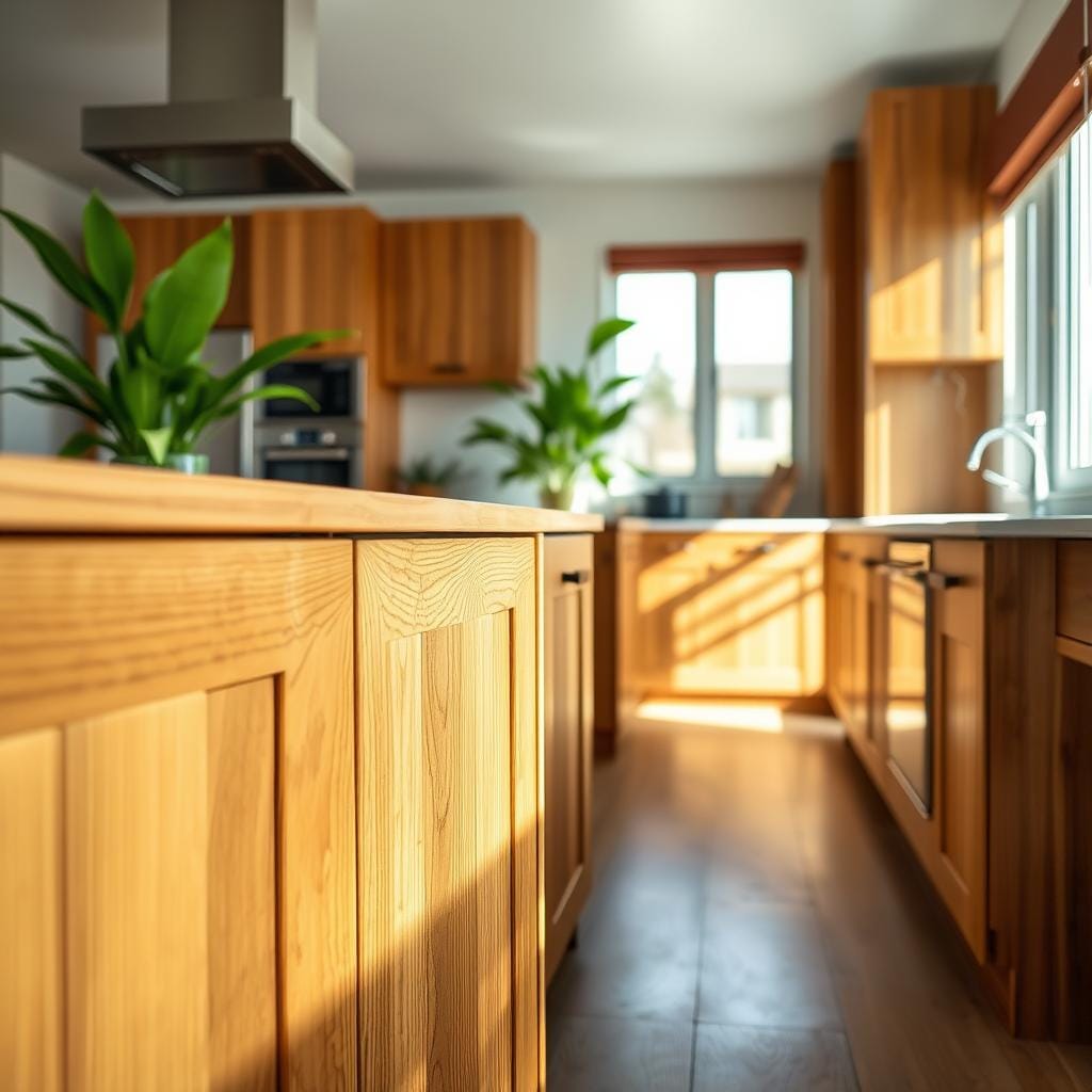 A modern kitchen featuring sustainable cabinets made of bamboo and reclaimed wood, showcasing a harmonious blend of nature and design. In the foreground, close-up details of the cabinets reveal intricate grain patterns and eco-friendly finishes. The middle ground presents a stylish kitchen layout, complete with stainless steel appliances and natural lighting streaming through large windows, illuminating the warm tones of the wood. The background showcases a green indoor plant, emphasizing the theme of eco-conscious living. The scene is bright and inviting, with soft shadows that add depth, shot from a slightly elevated angle to capture the full beauty of the cabinetry. The overall mood is tranquil and inspiring, perfect for a sustainable lifestyle.