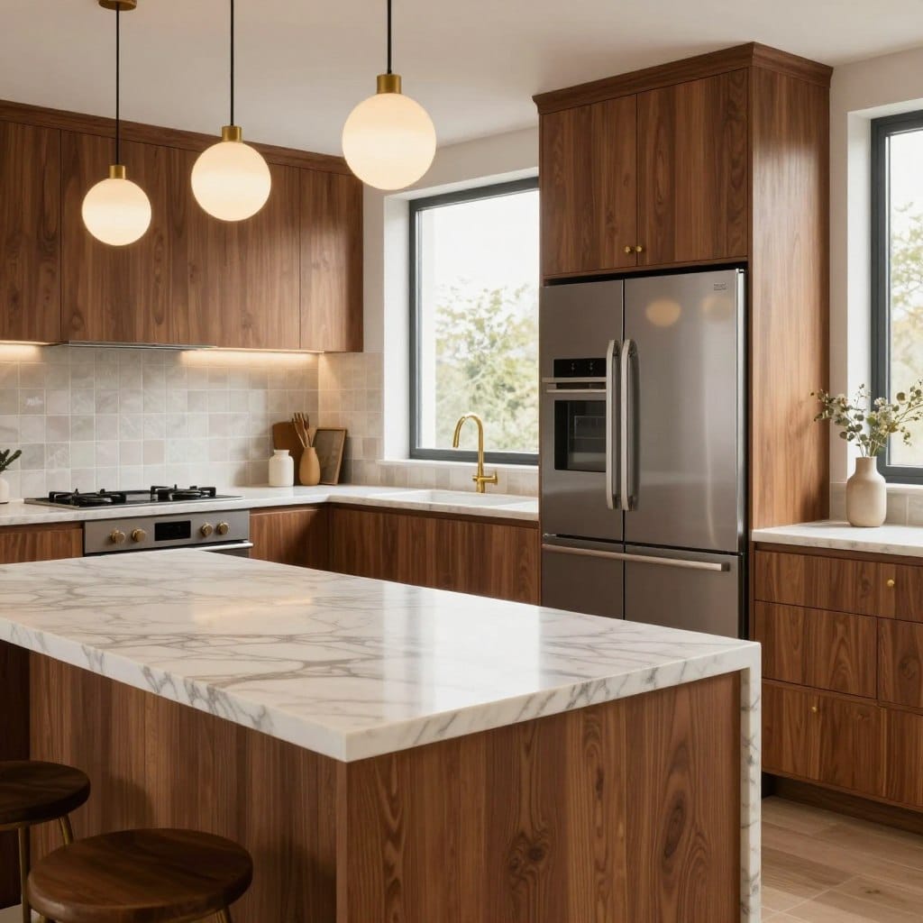 A modern kitchen featuring the latest trends for 2026, showcasing a stylish mix of materials. In the foreground, a sleek marble countertop with intricate veining, complemented by warm, rich wooden cabinetry, and brushed brass hardware. In the middle, an open layout with high-end appliances, such as a minimalist cooktop and a state-of-the-art refrigerator, positioned for functionality and aesthetics. In the background, large windows allow abundant natural light to illuminate the space, highlighting textured tile backsplashes in soft pastel hues. The atmosphere is fresh and inviting, evoking a sense of contemporary elegance and comfort. Soft shadows and a warm glow from pendant lighting create a cozy yet sophisticated ambiance.