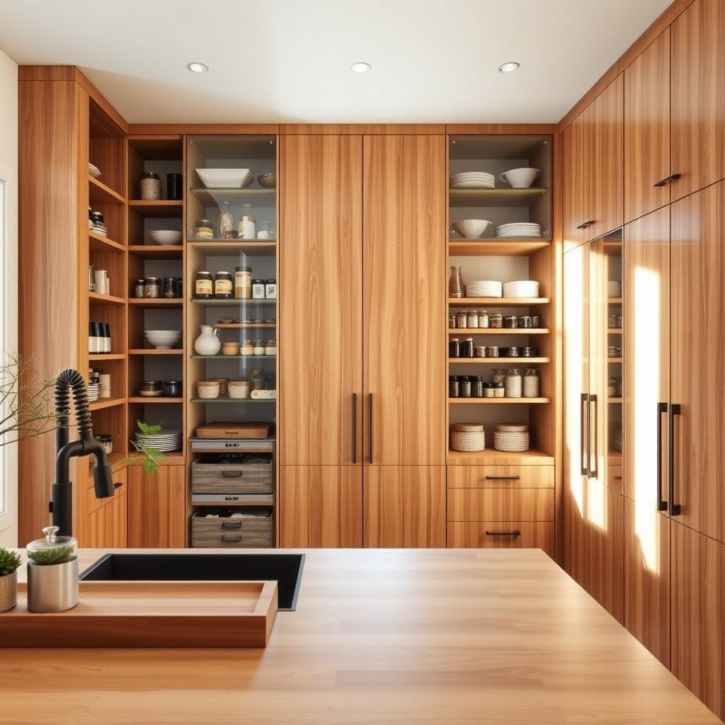 A modern kitchen featuring vertical storage solutions, showcasing tall pantry cabinets filled with neatly organized ingredients and cooking essentials. The foreground includes a sleek wooden countertop with a few stylish kitchen tools and a decorative plant adding a touch of life. In the middle, the tall pantry cabinets stretch towards the ceiling, crafted in a minimalist design with soft-closing doors and a rich, warm wood finish, creating an inviting atmosphere. The background highlights a bright window with sunlight streaming in, accentuating the space's openness and warmth. Utilize soft and natural lighting to enhance the crisp details. Capture the scene from a slightly elevated angle, providing an expansive view of the kitchen layout, evoking a sense of modern elegance and practical efficiency in storage.