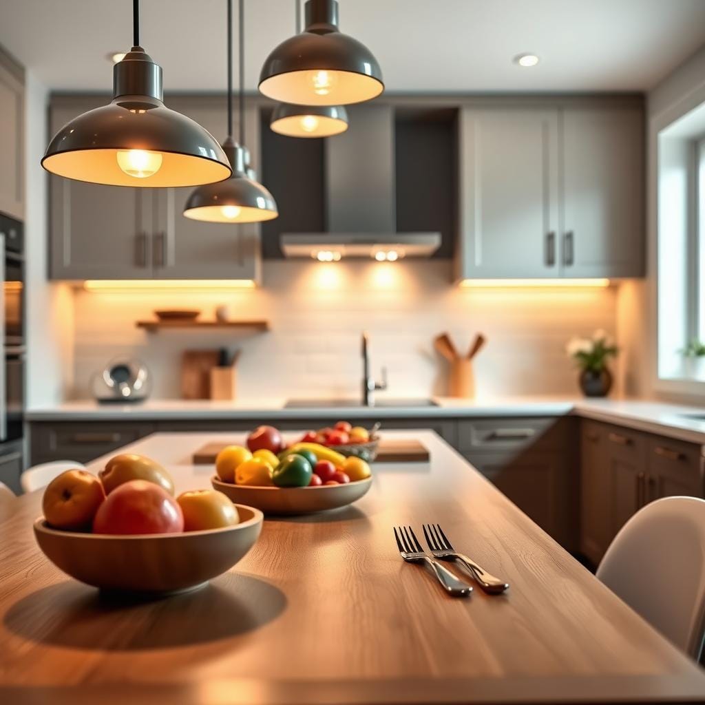 A modern kitchen illuminated by sophisticated pendant lights above a sleek island countertop. Foreground features a polished wooden table setting with a stylish fruit bowl and cutlery, capturing attention. In the middle, the island showcases a vibrant array of fresh ingredients, emphasizing inviting colors and textures. The background reveals elegant cabinetry with soft-close doors and a contemporary backsplash, softly lit to highlight design elements without overshadowing the main focus. Warm, ambient lighting creates a cozy atmosphere, while natural light filters through a nearby window, enhancing the welcoming feel. The composition is captured at eye level, focusing on details of the lighting fixtures, ensuring a balance between function and aesthetics. The overall mood is uplifting yet relaxing, perfect for showcasing the impact of thoughtful lighting in small kitchen spaces.