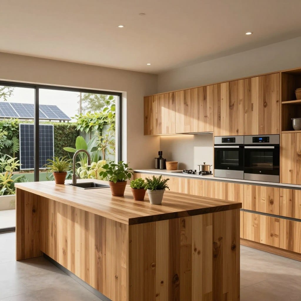 A modern kitchen interior showcasing innovative sustainable features, with a focus on eco-friendly materials. In the foreground, a sleek island crafted from recycled wood topped with a bamboo surface, adorned with potted herbs. In the middle ground, elegant cabinetry made from sustainably sourced timber, with energy-efficient appliances integrated seamlessly. The background features large windows bathed in natural light, highlighting views of a vertical garden and solar panels outside. Utilize warm, soft lighting to create a cozy atmosphere, capturing a sense of calm and eco-consciousness. A wide-angle perspective to emphasize space and functionality, inviting viewers to envision a sustainable kitchen lifestyle. No people present.