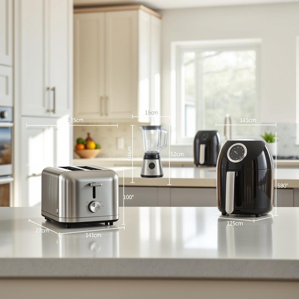 A modern kitchen scene showcasing various small kitchen appliances with clear dimensions marked alongside each item. The foreground features a sleek, stainless steel toaster and a compact coffee maker, both placed on a polished countertop. In the middle ground, a well-organized kitchen island holds a blender and an air fryer, with their dimensions prominently displayed in a technical drawing style. The background consists of light-colored cabinets and a decorative backsplash, creating a bright and inviting atmosphere. Soft, natural light filters in through a nearby window, casting gentle shadows that highlight the appliances. The composition emphasizes practicality and style, aiming for a clean, polished look that emphasizes professionalism and thoughtful design.
