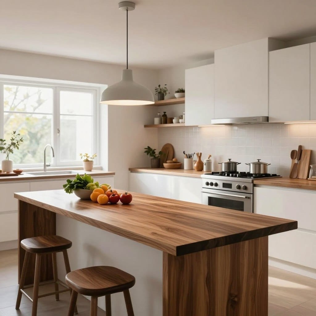 A modern kitchen showcasing a walnut butcher block island as the centerpiece, set in a spacious, light-filled environment. In the foreground, the rich, warm tones of the walnut countertop complement sleek, white cabinets and stainless steel appliances. A stylish pendant light hangs above the island, casting a soft glow and highlighting the texture of the wood. In the mid-ground, an elegant arrangement of fresh ingredients and kitchen tools creates an inviting atmosphere for food preparation and gathering. The background features open shelving adorned with tasteful kitchen decor, and large windows allow natural light to flood the space, enhancing the warm, cozy vibe. The scene is framed with a slight angle, showcasing the depth of the kitchen design, and evokes a sense of modern elegance and functionality.