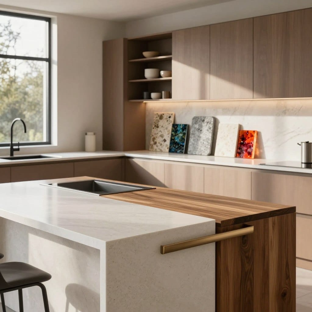 A modern kitchen showcasing innovative countertop materials and the latest design trends for 2026. In the foreground, a sleek, bright white quartz countertop with unique geometric patterns contrasts with a warm wooden island, featuring elegant metal accents. The middle ground highlights a variety of up-and-coming surfaces, such as eco-friendly recycled stone, textured concrete, and vibrant resin options, arranged artistically. The background displays minimalist cabinetry with earthy tones and integrated lighting, creating a harmonious blend of warmth and sophistication. Soft, natural sunlight pours through large windows, illuminating the space and casting gentle shadows, evoking a serene and inviting atmosphere. The image captures a stylish, contemporary kitchen perfectly balanced between functionality and aesthetics, reflecting the future of interior design.