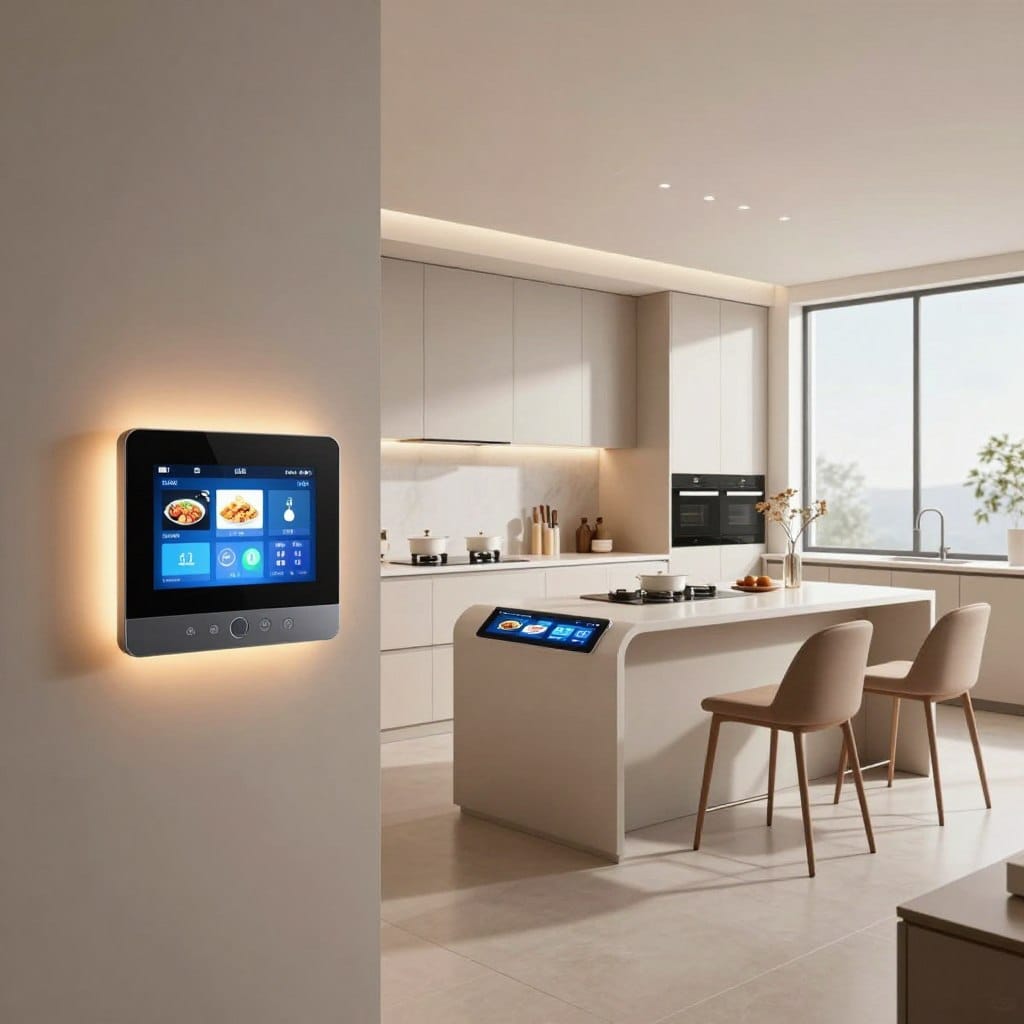 A modern kitchen showcasing seamless smart home integration, featuring sleek, minimalist cabinetry and high-tech appliances. In the foreground, a futuristic digital touchscreen panel controls various kitchen functions, like lighting and temperature. The middle ground includes a stylish island with smart countertops displaying recipe information, surrounded by elegant bar stools. In the background, large windows let in natural light, illuminating a blend of neutral and pastel colors. The atmosphere is inviting and ultra-modern, with soft, warm lighting creating a cozy yet high-tech feel. Capture the scene with a wide-angle view, accentuating the spacious layout and innovative design, evoking a sense of sophistication and practicality.