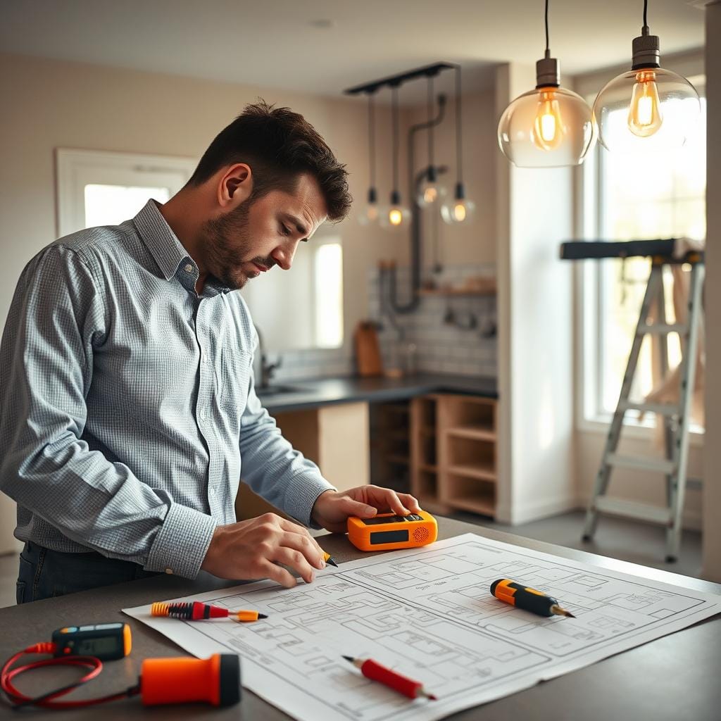 A modern kitchen under renovation, showcasing an intense focus on electrical planning. In the foreground, a professionally dressed contractor examines an electrical blueprint spread across a countertop, with various tools like a voltage tester and wire connectors neatly organized beside them. The middle of the scene features an unfinished kitchen, with exposed wiring and plumbing, demonstrating the crucial integration of electrical sockets and lighting fixtures. In the background, light fixtures hang from the ceiling, partially installed, with tools on a nearby ladder. Soft natural light filters in through a window, casting a warm glow over the workspace. The atmosphere is one of careful planning and professional diligence, emphasizing the importance of addressing electrical constraints in kitchen renovations. No people are visible, ensuring a clear focus on the intricate details of the planning process.