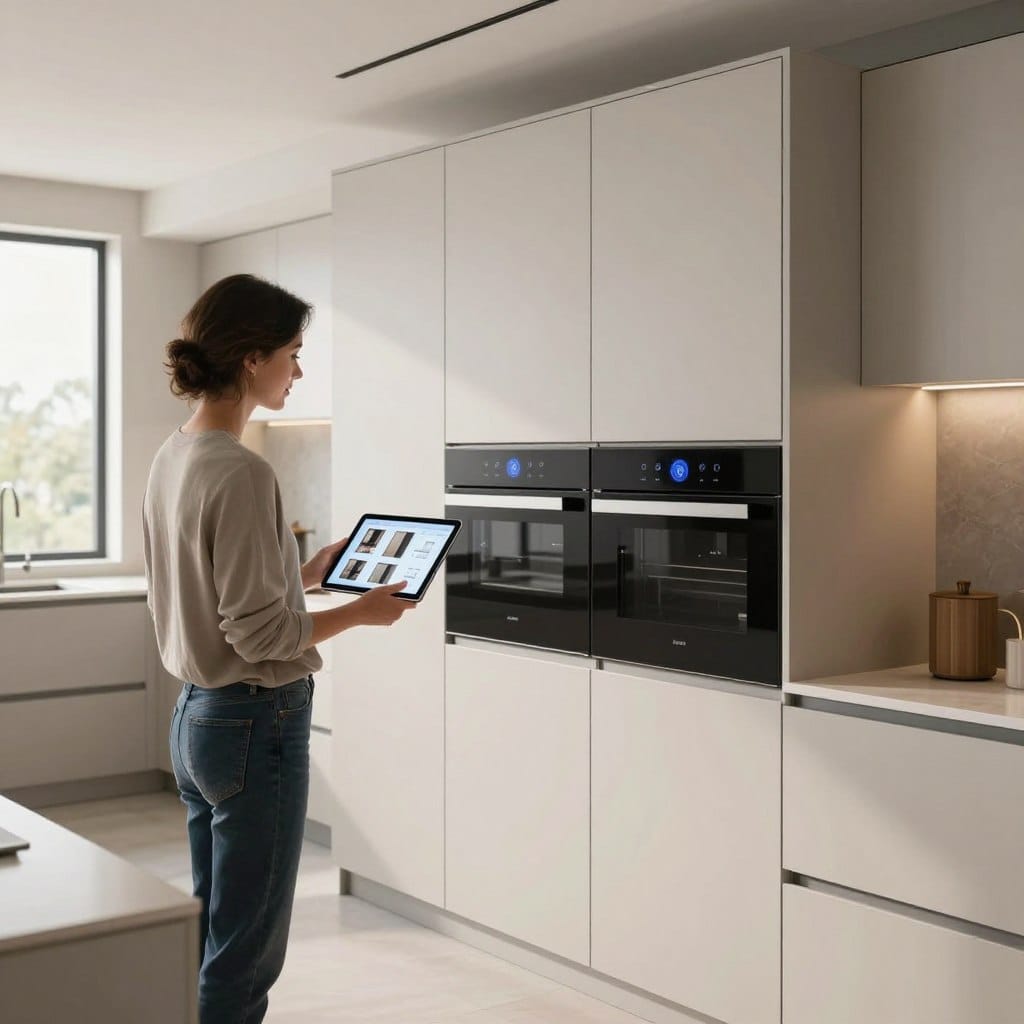 A modern kitchen with a focus on smart cabinetry, showcasing a professional designer assessing the layout. In the foreground, the designer, dressed in smart casual attire, is examining a digital tablet displaying smart cabinet features. In the middle, sleek, high-tech cabinets with touch-sensitive controls and integrated appliances create an efficient workflow, harmonizing function and style. The background features an open, airy kitchen space with natural light streaming in through large windows, highlighting a clean, minimalist aesthetic. Use soft, even lighting to accentuate the cabinet textures, and capture the scene from a slightly elevated angle for a comprehensive view of the kitchen layout. The atmosphere is collaborative and innovative, reflecting the intersection of design and technology in kitchen planning.