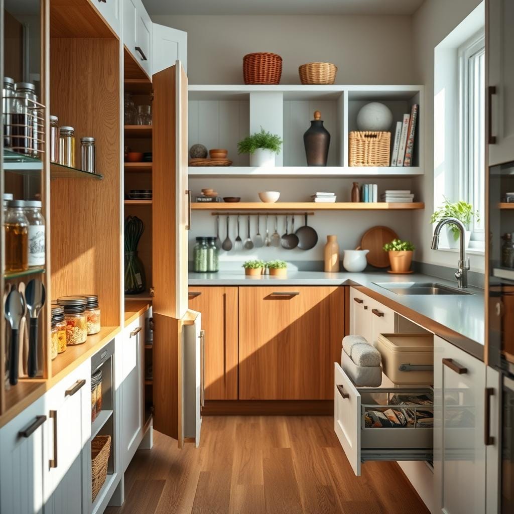 A modern kitchen with efficient and stylish storage solutions prominently featured. In the foreground, showcase a well-organized pantry with neatly arranged glass jars, spices, and utensils in a harmonious layout. In the middle, display a decluttered kitchen countertop with sleek containers and a small herb garden. The cabinetry should have pull-out shelves and innovative storage drawers. In the background, include open shelving with decorative baskets and cookbooks for added charm. Natural light floods the space, highlighting the warm wood tones and crisp white cabinets. Capture the scene from a slight angle to emphasize depth and functionality, creating a cozy yet sophisticated atmosphere that illustrates the importance of smart storage in small kitchen design.