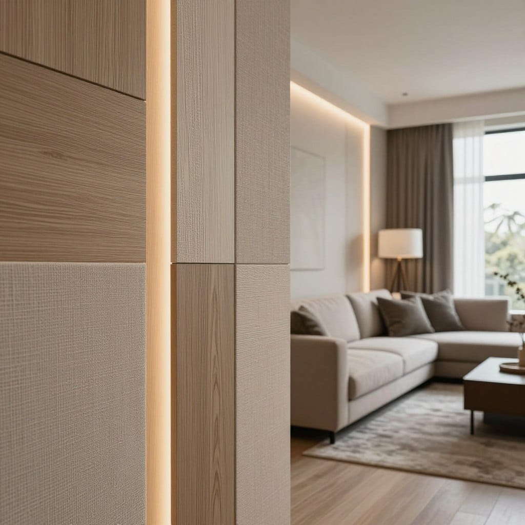 A modern living room featuring DIY textured wall panels that add depth and dimension. In the foreground, showcase a close-up of the panels, highlighting intricate textures like wood grain, geometric patterns, and fabric-like surfaces. The middle ground displays a cozy seating arrangement with a stylish sofa and decorative pillows, complementing the wall decor. In the background, large windows allow natural light to filter in, creating a warm and inviting atmosphere. Soft, ambient lighting emphasizes the textures of the panels and adds a sophisticated glow. The room should embody a contemporary aesthetic, with neutral colors and minimalist decor that enhance the visual impact of the textured walls. Aim for a well-composed, inviting scene that reflects modern interior design trends.