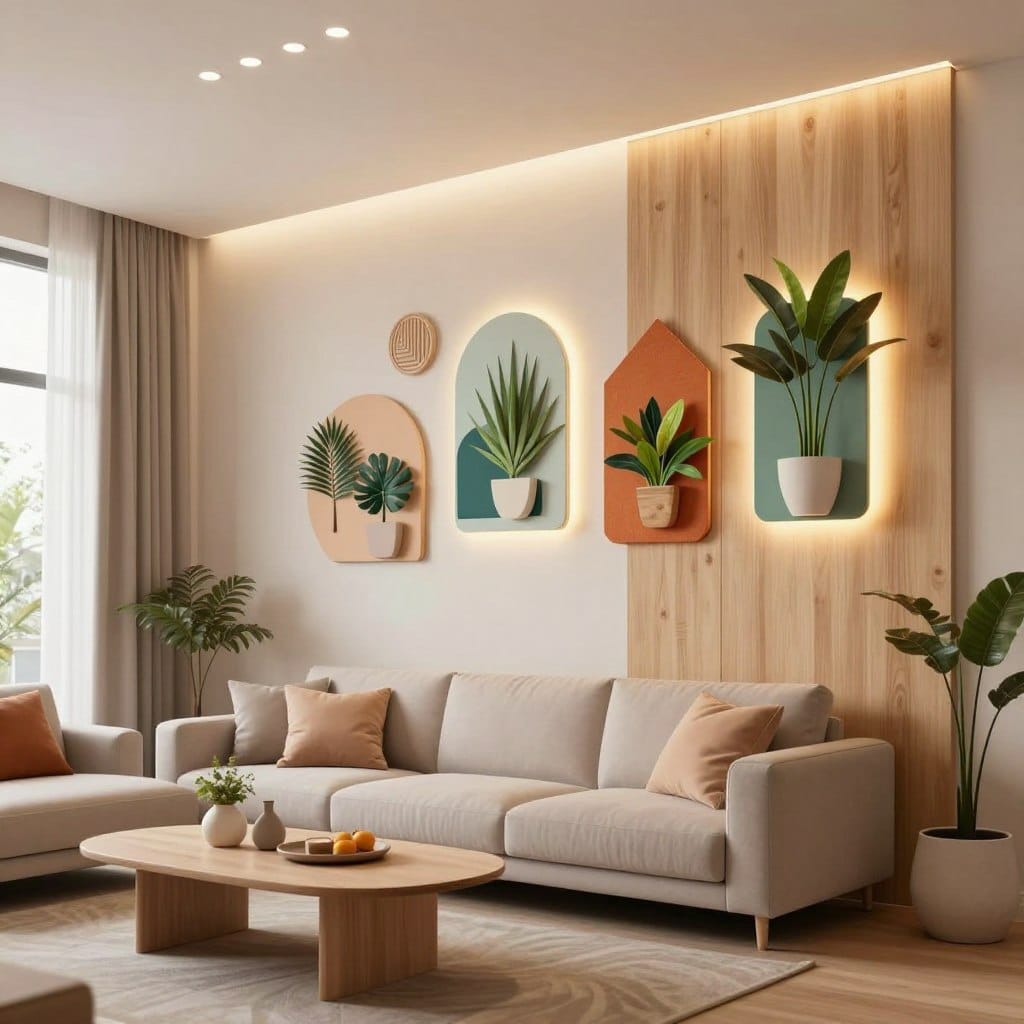 A modern living room featuring DIY wall decor illuminated by soft, ambient LED lighting. In the foreground, a stylish wood panel accent wall adorned with handcrafted geometric shapes and vibrant plants, creating a warm, inviting atmosphere. In the middle ground, a sleek, contemporary sofa with plush cushions and a minimalist coffee table, complemented by decorative items that harmonize with the wall decor. The background showcases large windows allowing natural light to blend with the LED glow, enhancing the warm color palette of earthy tones and pastels. The scene is captured from a low angle, emphasizing the verticality of the wall features while providing a cozy, serene ambiance in the space. The overall mood is modern, tranquil, and creatively inspiring.