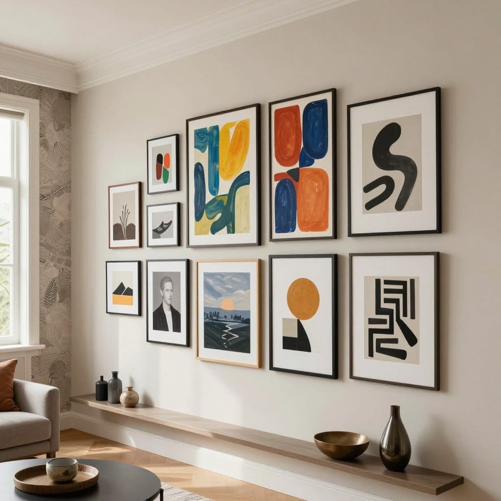 A modern living room featuring a sophisticated wall decor evolution for 2026, showcasing various styles and elements. In the foreground, a minimalist wall with geometric art pieces in neutral tones, accompanied by sleek shelves displaying decorative objects. The middle ground includes a vibrant gallery wall with abstract paintings and framed photographs in contemporary frames, giving a sense of personality and warmth. In the background, soft natural light floods through large windows, highlighting an accent wall with textured wallpaper. The atmosphere is inviting and stylish, conveying a balance of comfort and modernity. The image should be shot from a slightly elevated angle, emphasizing the layout and decor, with a focus on rich colors and harmonious design elements, creating an inspiring living space ambiance.