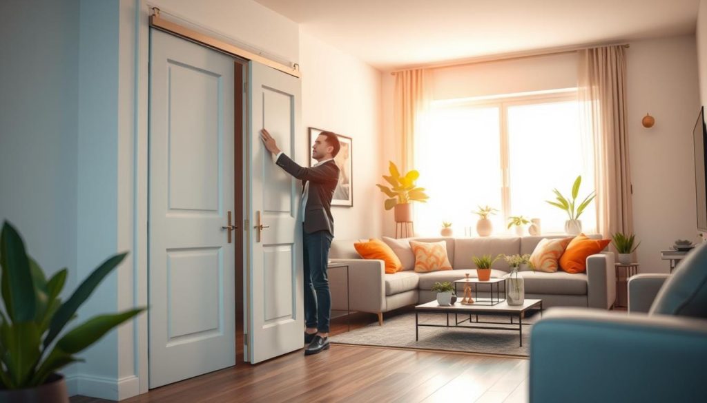A modern living room featuring a space-saving pocket door installation. In the foreground, the pocket door is partially open, revealing a stylish mechanism with sleek, minimalist design elements. To the side, a professional individual dressed in smart casual clothing is adjusting the door. In the middle, the room is adorned with contemporary furniture, including a cozy sofa with vibrant cushions and a small coffee table, maximizing space utilization. Potted plants and stylish decor items enhance the atmosphere. The background showcases a large window with natural light streaming in, creating a bright and airy feeling. The image is captured from a slightly low angle, emphasizing the elegant lines of the door and the room's modern aesthetic, with soft, warm lighting to evoke a welcoming ambiance.